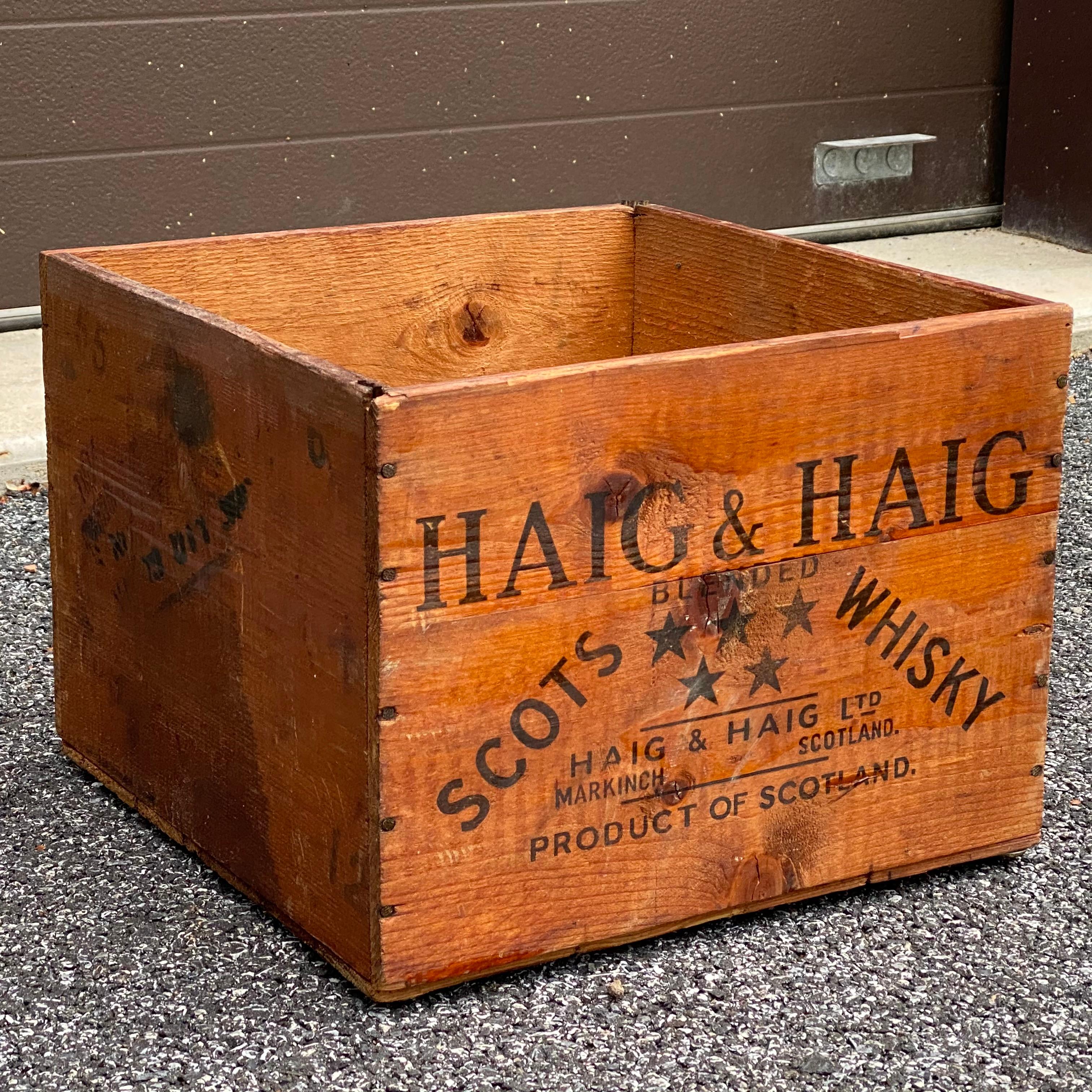Vintage Haig & Haig wooden whiskey crate with lettering on four sides circa 1950s.
Interior dimensions roughly
12.375” x 12.5” x 9.25”h