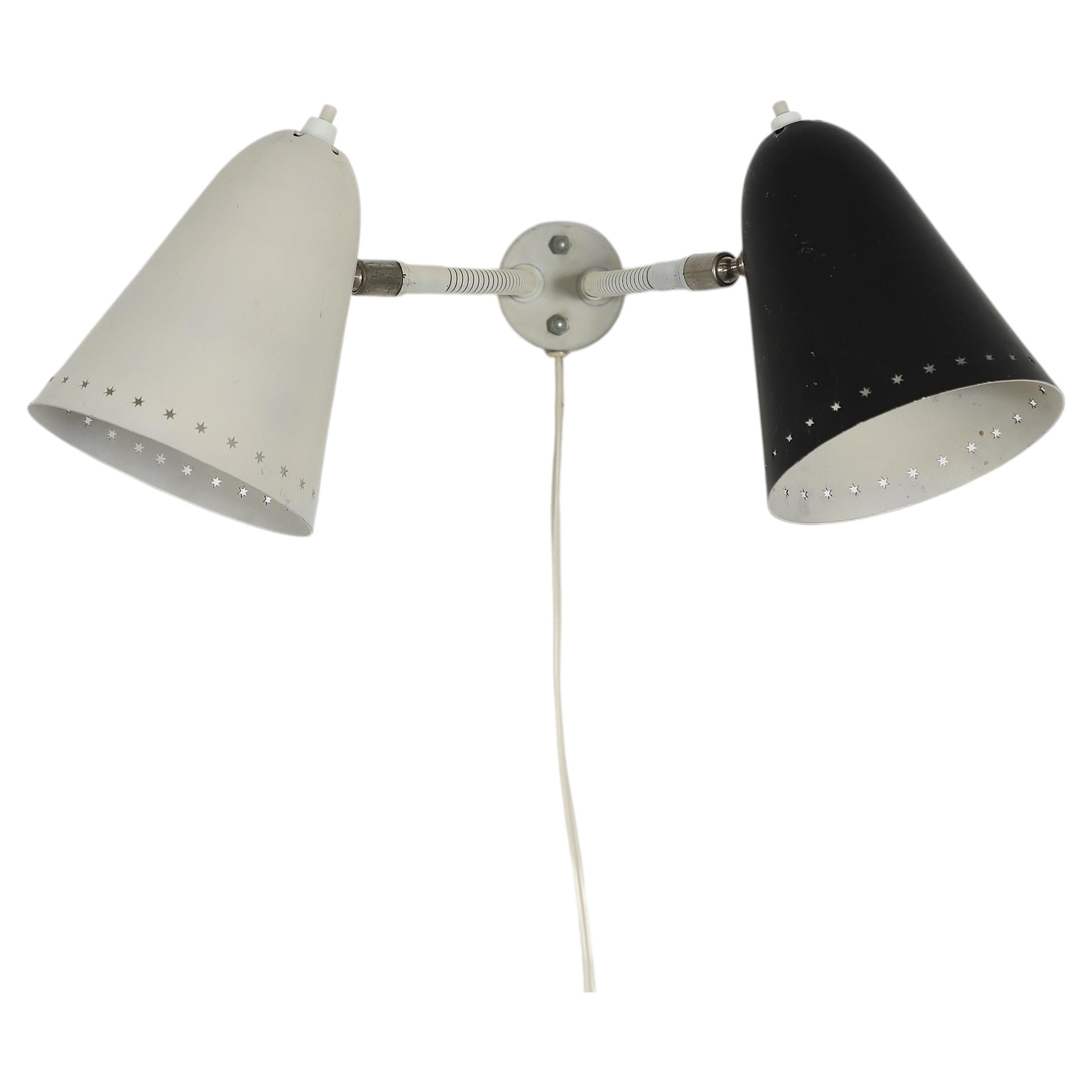 1950s Hala Zeist Double Wall Sconce, Black and White Perforated Shades