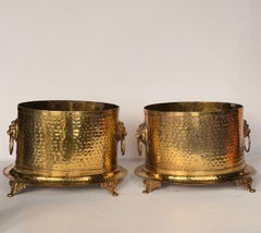 1950s Hammered Brass Lion Head Handles & Decorative Feet Cachepots - A Pair