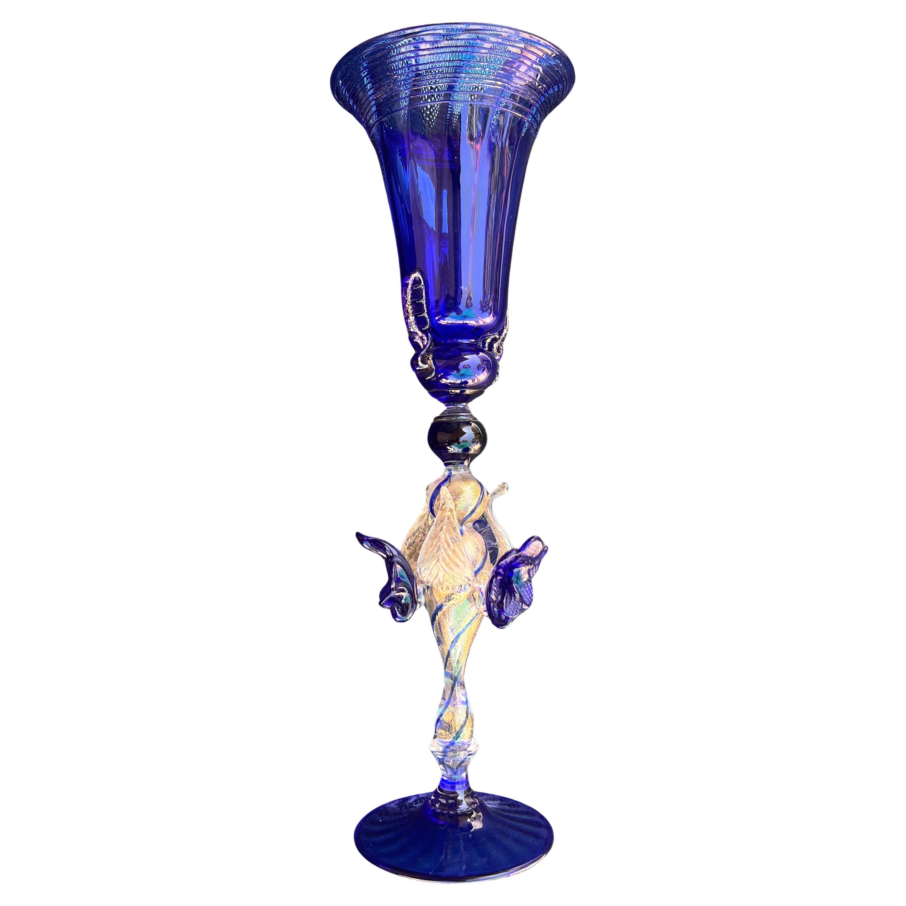 Baroque 1950s Hand Blown Italian Venetian Murano Cobalt Glass Decorative Chalice Goblet en vente