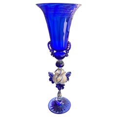 1950s Hand Blown Italian Venetian Murano Cobalt Glass Decorative Chalice Goblet