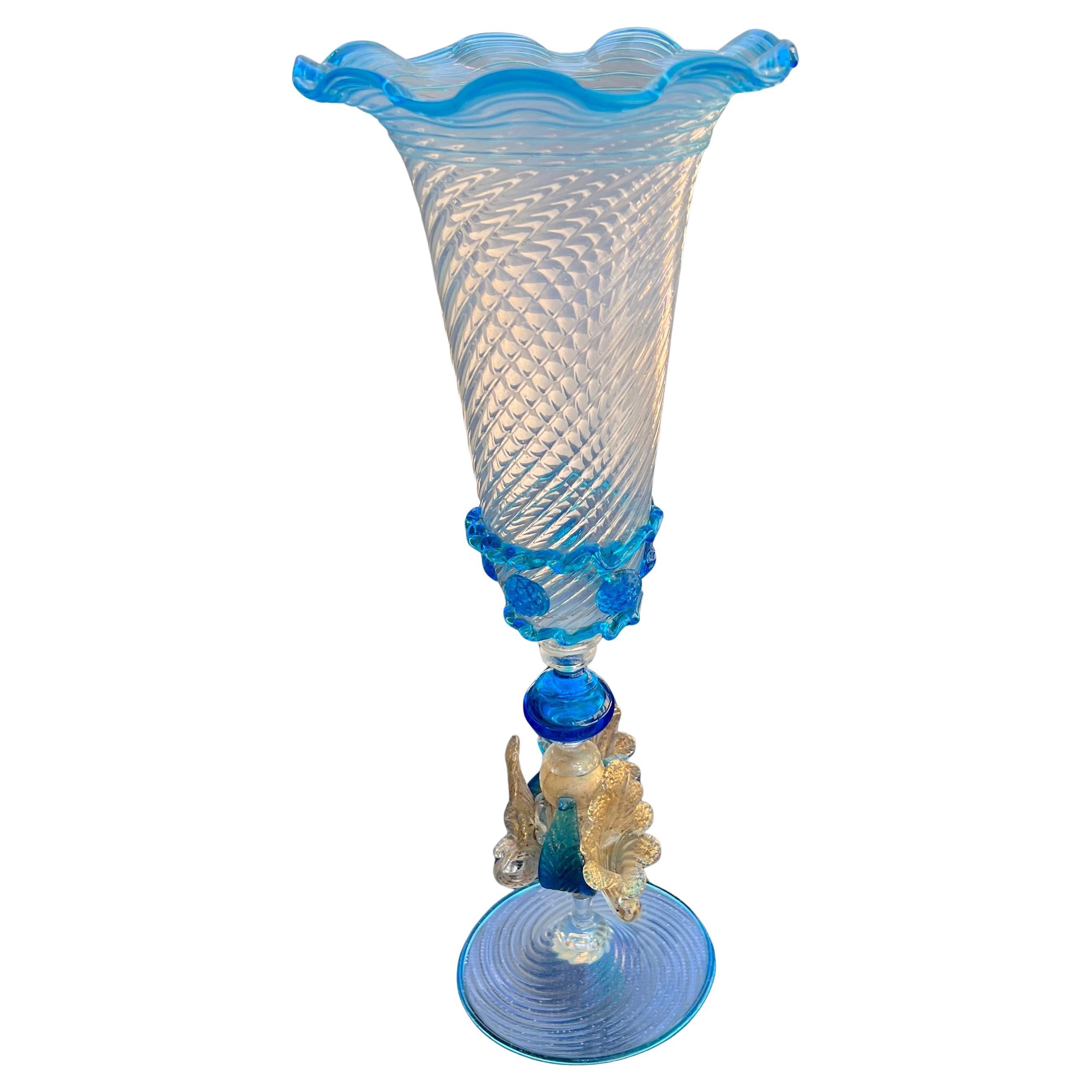 Baroque 1950s Hand Blown Italian Venetian Murano Glass Decorative Chalice Goblet For Sale