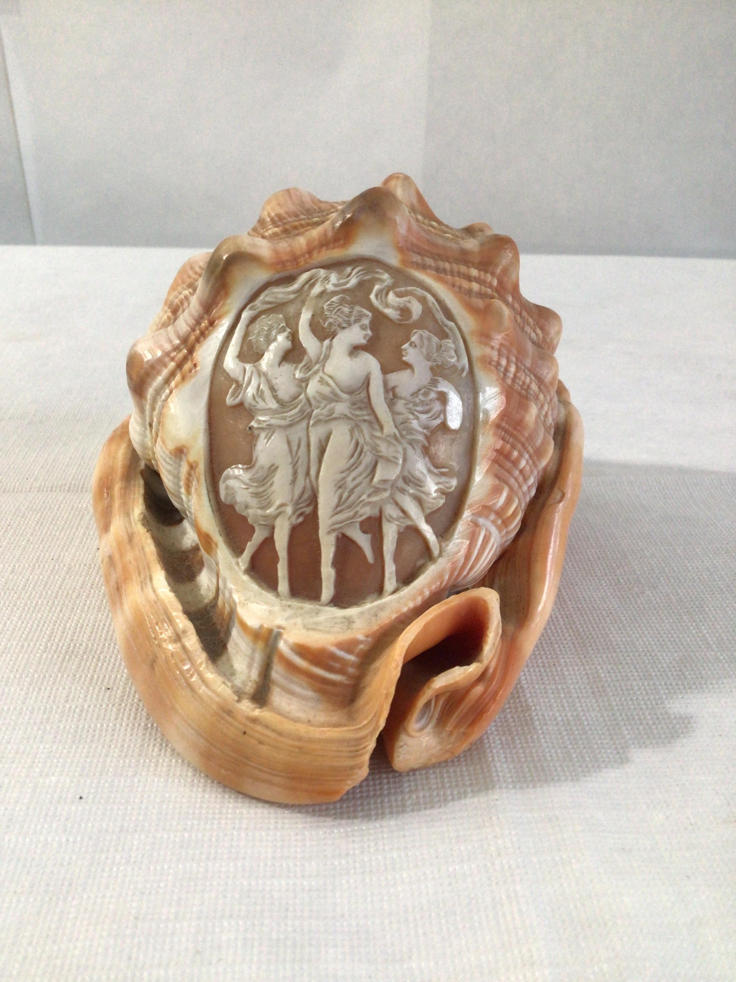 Mid-20th Century 1950s Hand Carved Cameo of Dancing Women on Conch Seashell For Sale