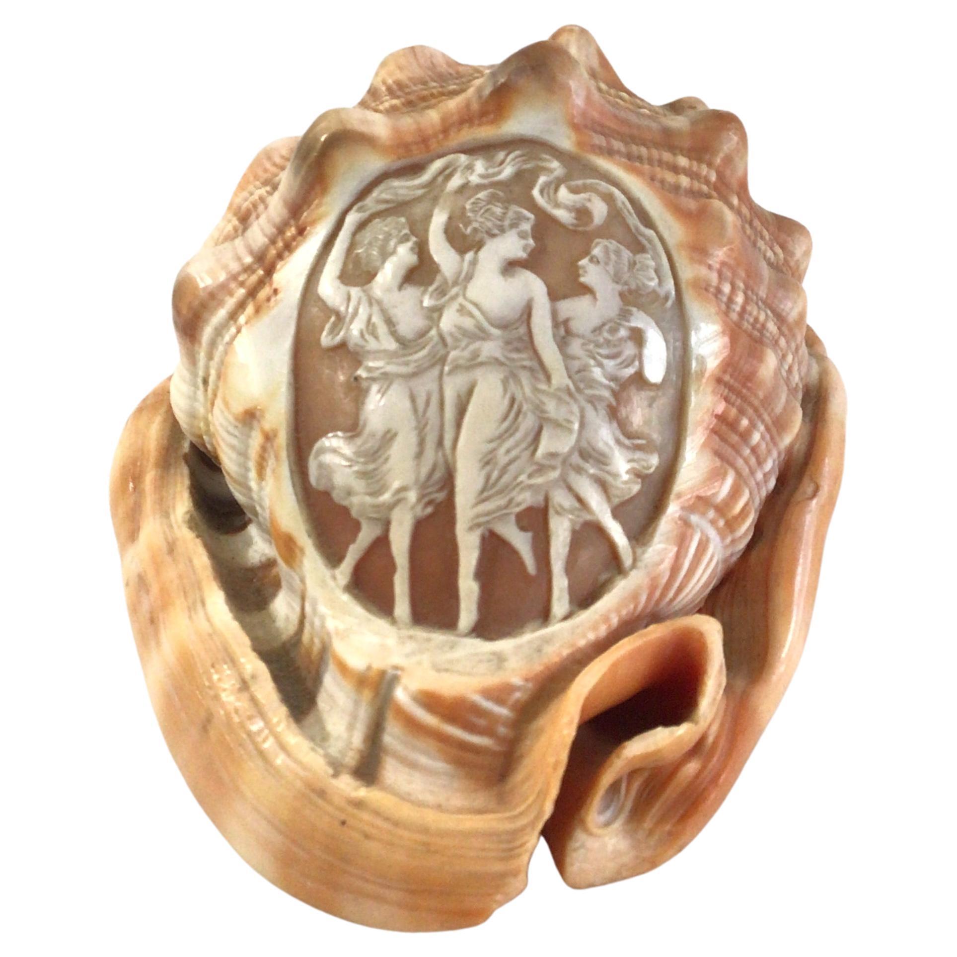 1950s Camée sculpté à la main de femmes dansant sur un coquillage de conque