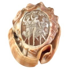 1950s Hand Carved Cameo of Dancing Women on Conch Seashell