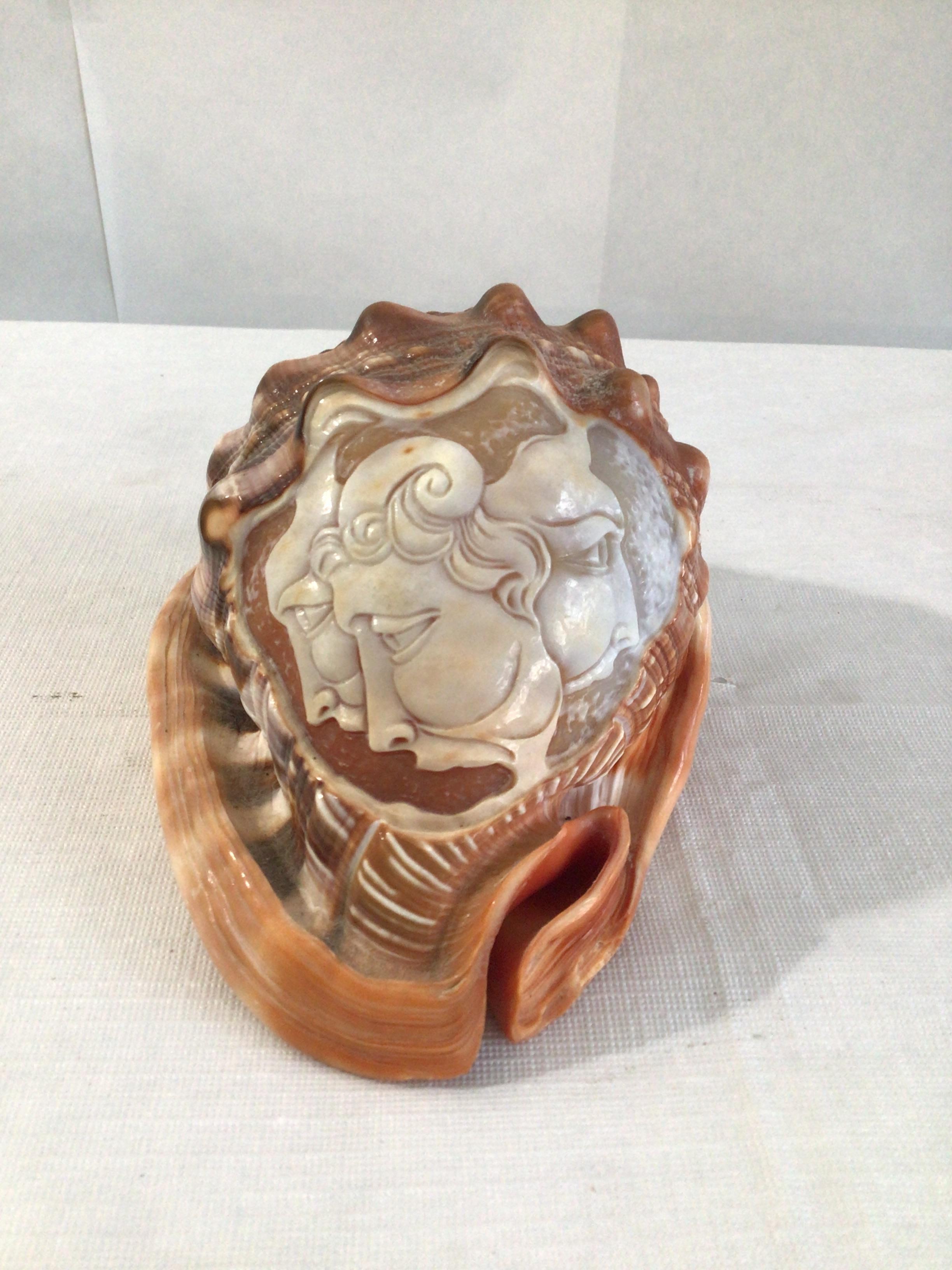 1950s Hand Carved Cameo on Conch Shell of Mens' Faces.