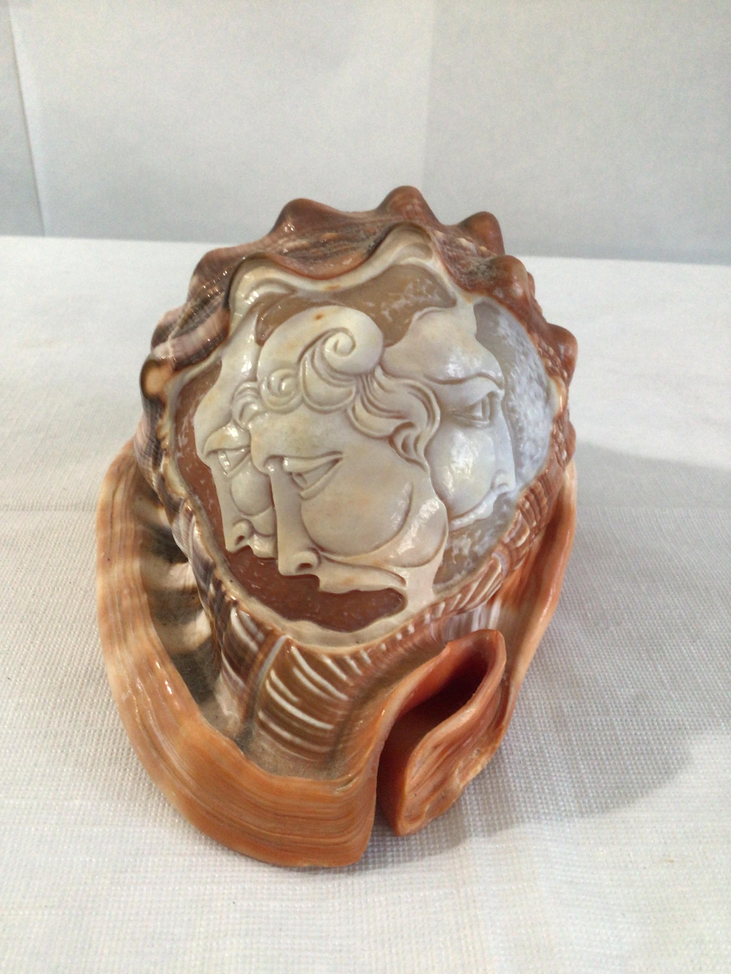 Italian 1950s Hand Carved Cameo on Conch Shell of Mens' Faces For Sale