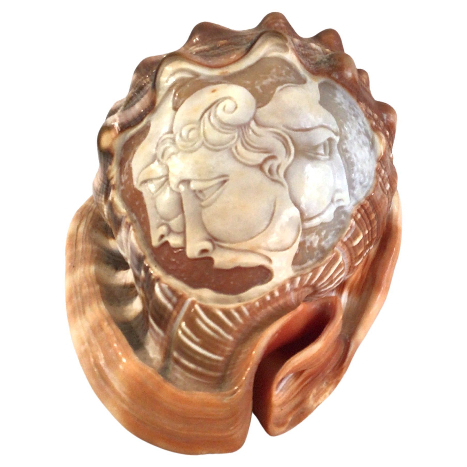 1950s Hand Carved Cameo on Conch Shell of Mens' Faces For Sale