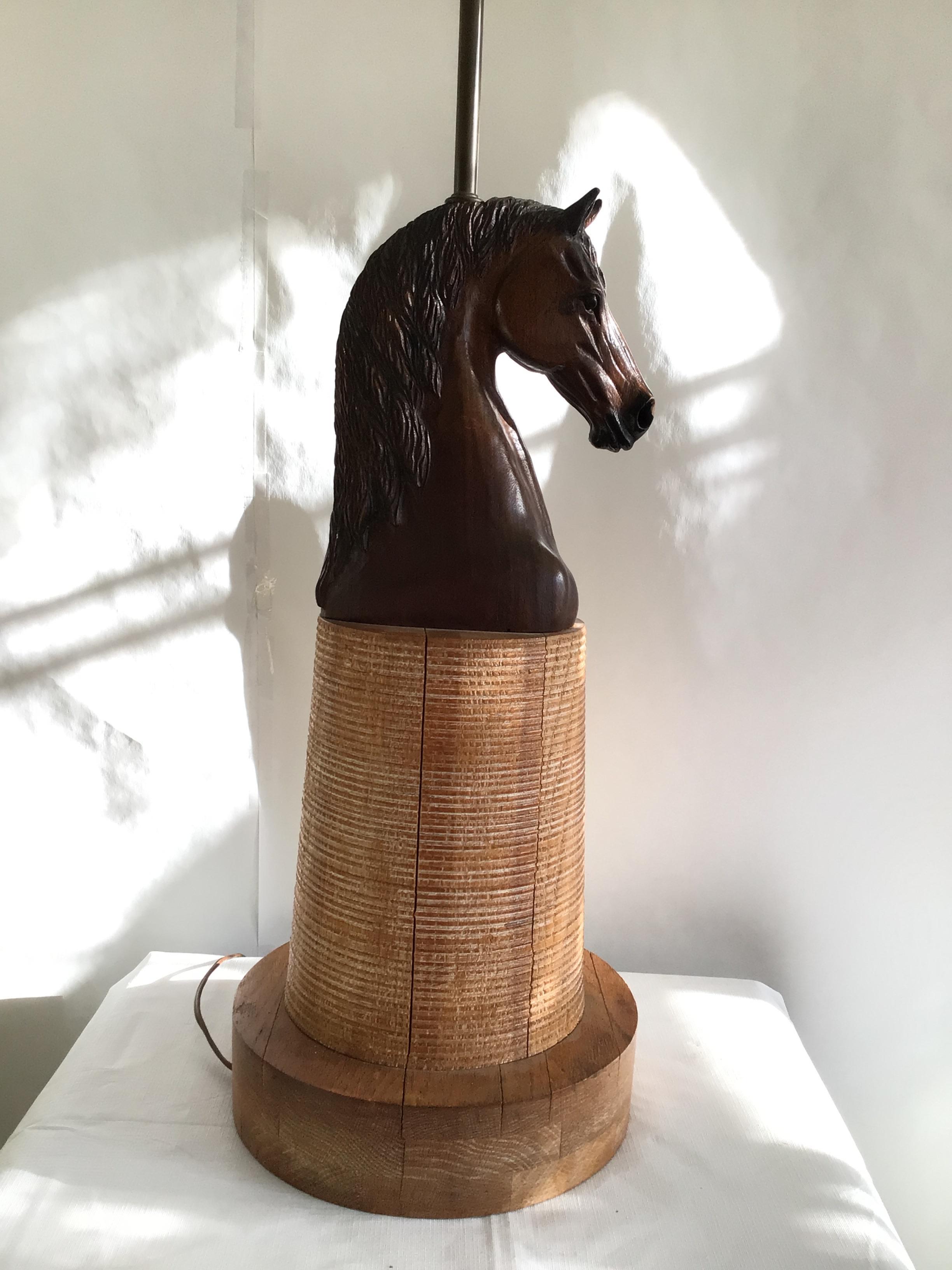 Unknown 1950s Hand Carved Horse Head Lamp on a Wooden Base For Sale