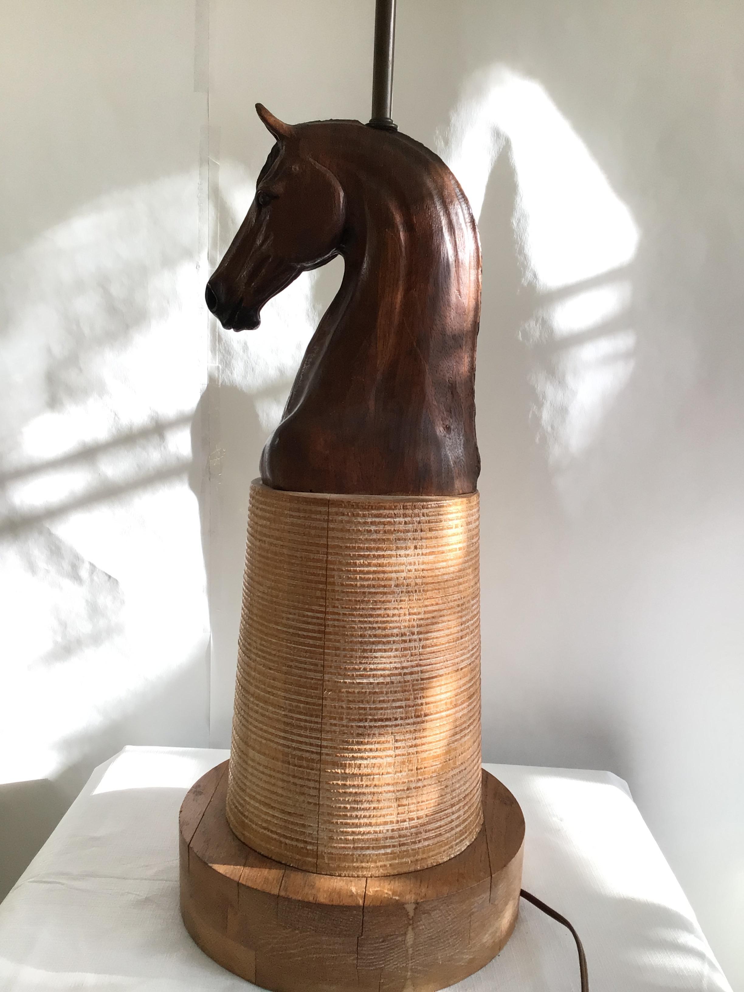 1950s Hand Carved Horse Head Lamp on a Wooden Base In Distressed Condition In Tarrytown, NY