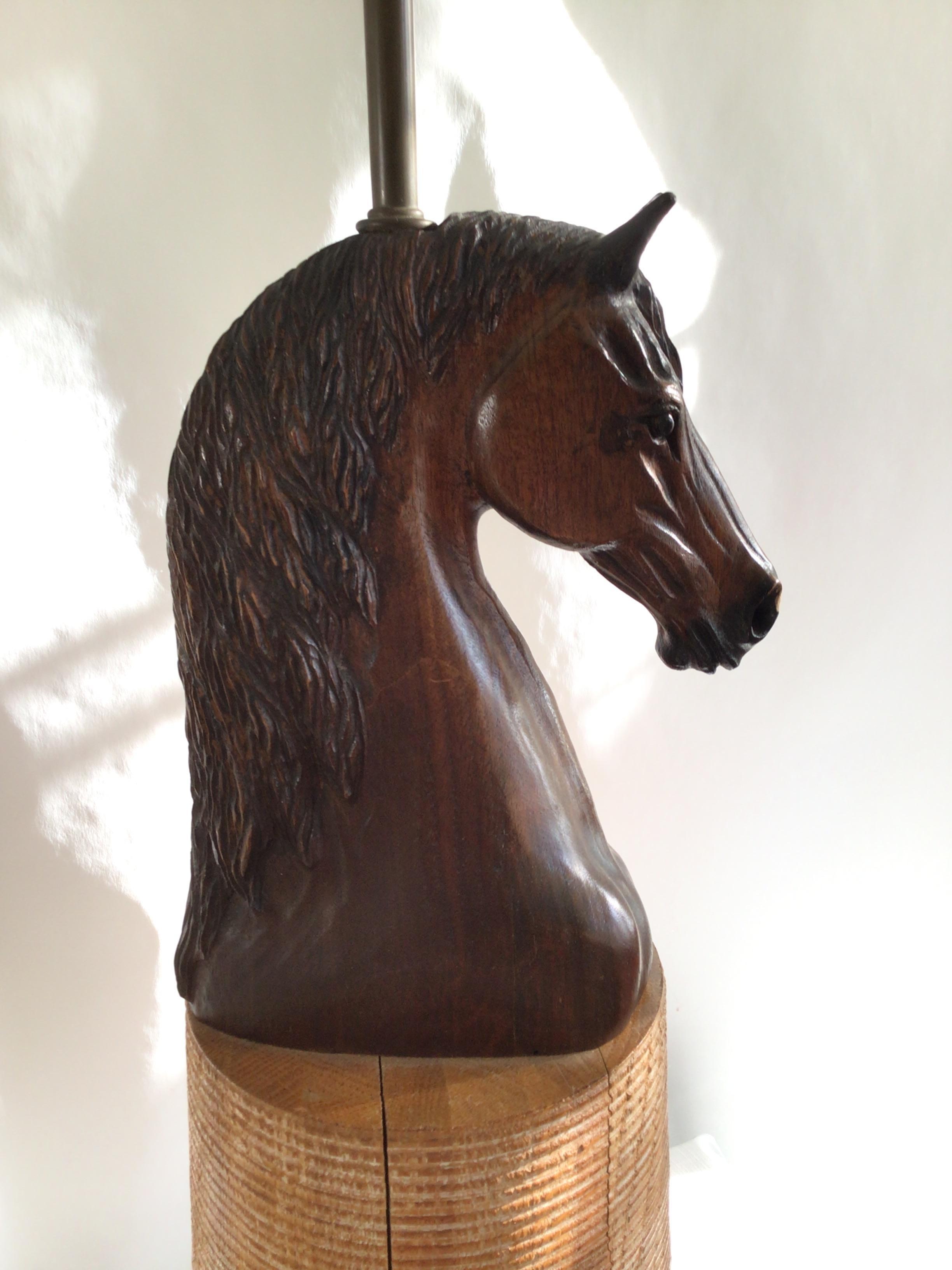1950s Hand Carved Horse Head Lamp on a Wooden Base 1