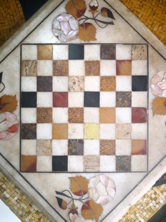 1950s Hand-Carved Marble Chess Board using Italian Pietre Dure Inlay Mosaic