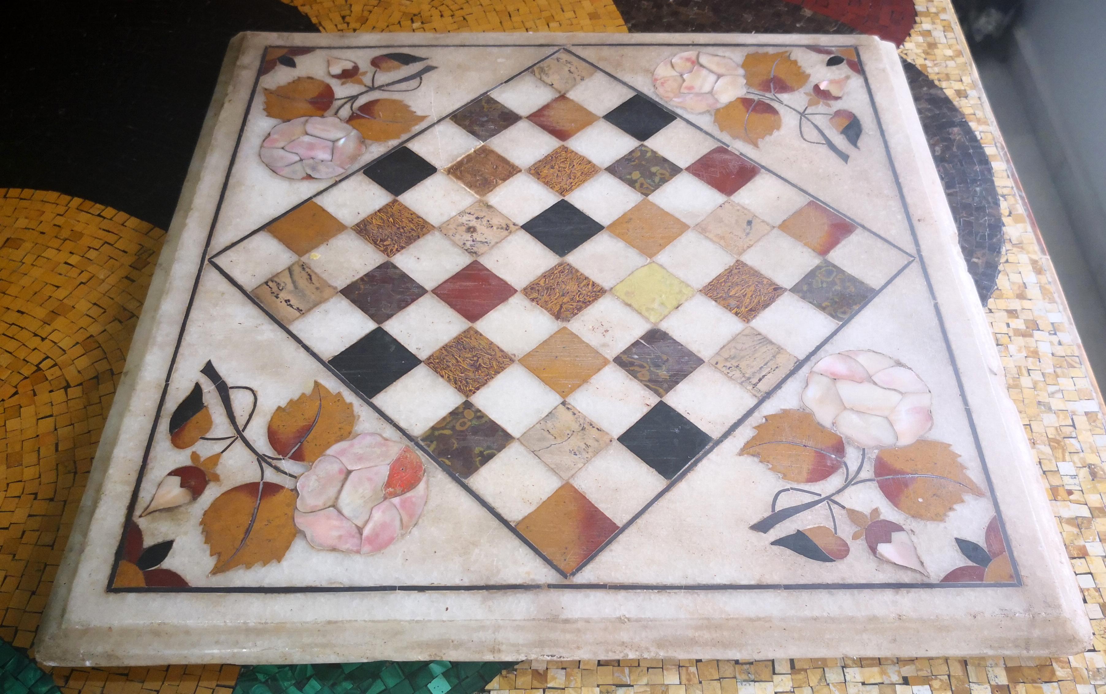 Indian 1950s Hand-Carved Marble Chess Board using Italian Pietre Dure Inlay Mosaic