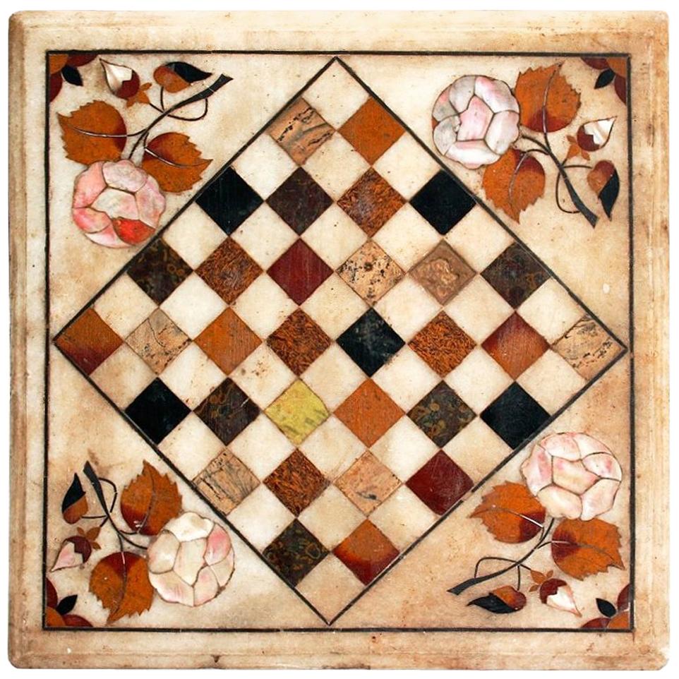 1950s Hand-Carved Marble Chess Board using Italian Pietre Dure Inlay Mosaic