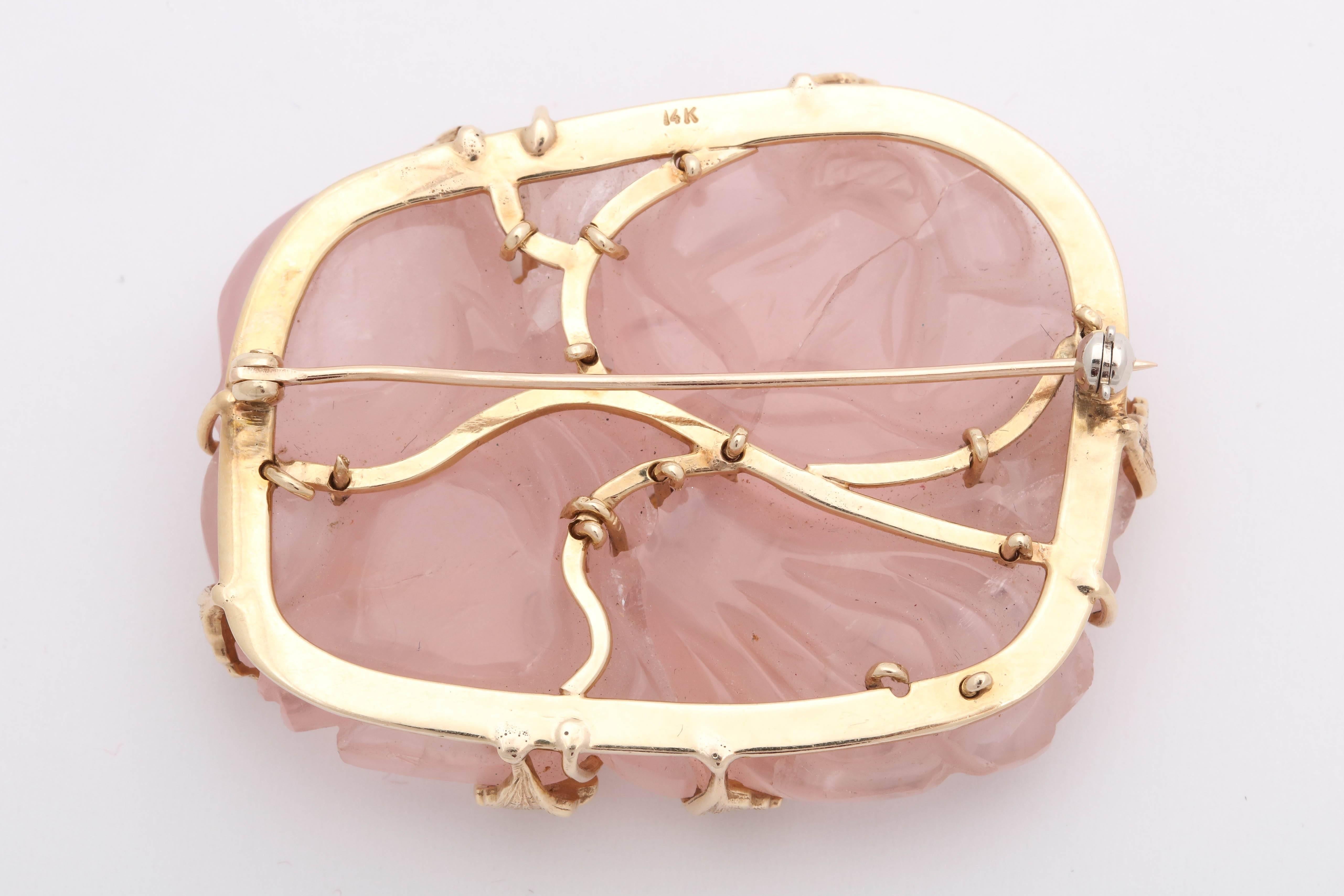 Round Cut 1950's Hand Carved Rose Quartz With Rubies And Gold Large Brooch For Sale