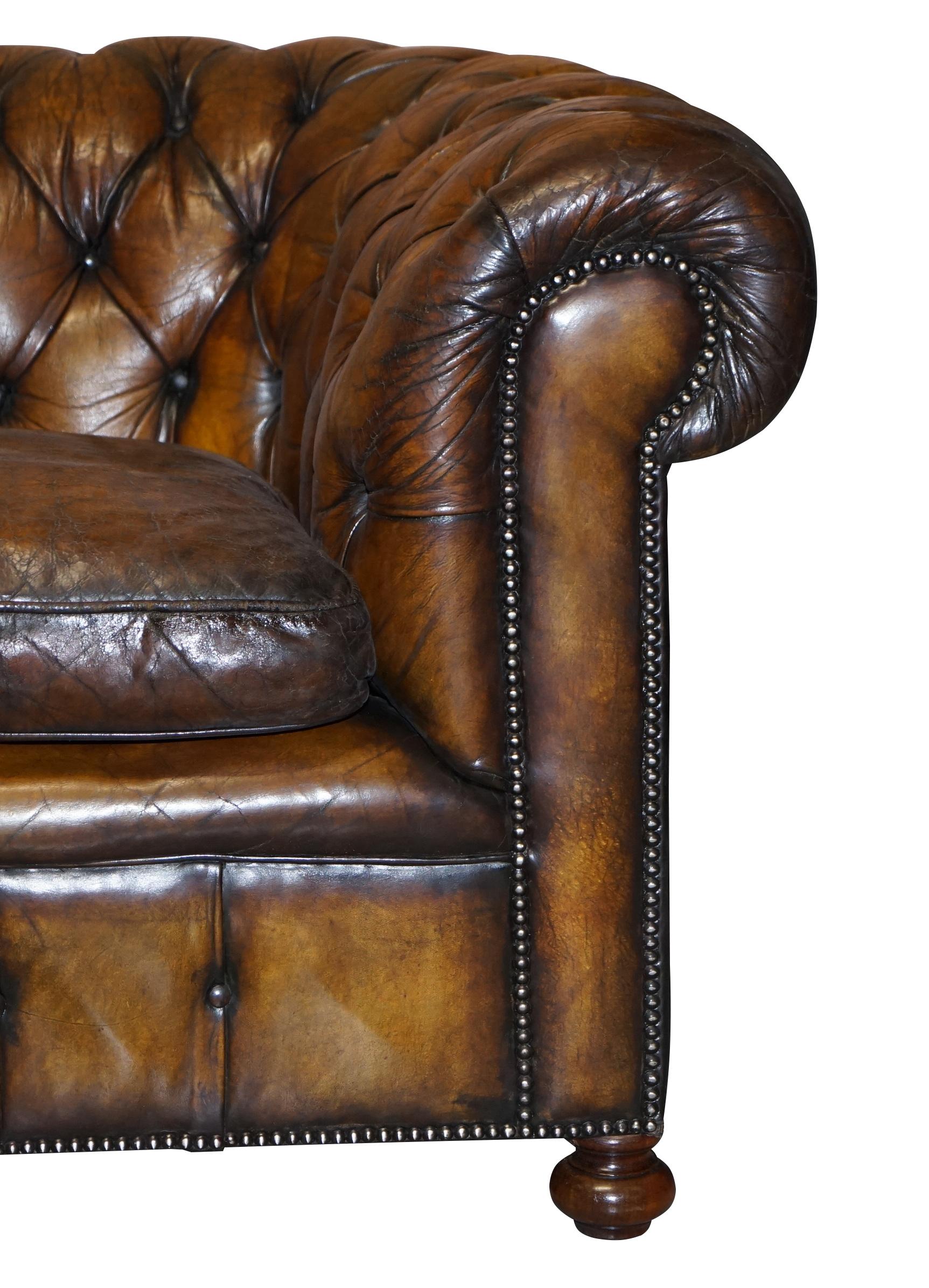 1950s Hand Dyed Restored Cigar Brown Leather Chesterfield Club Sofa English For Sale 2