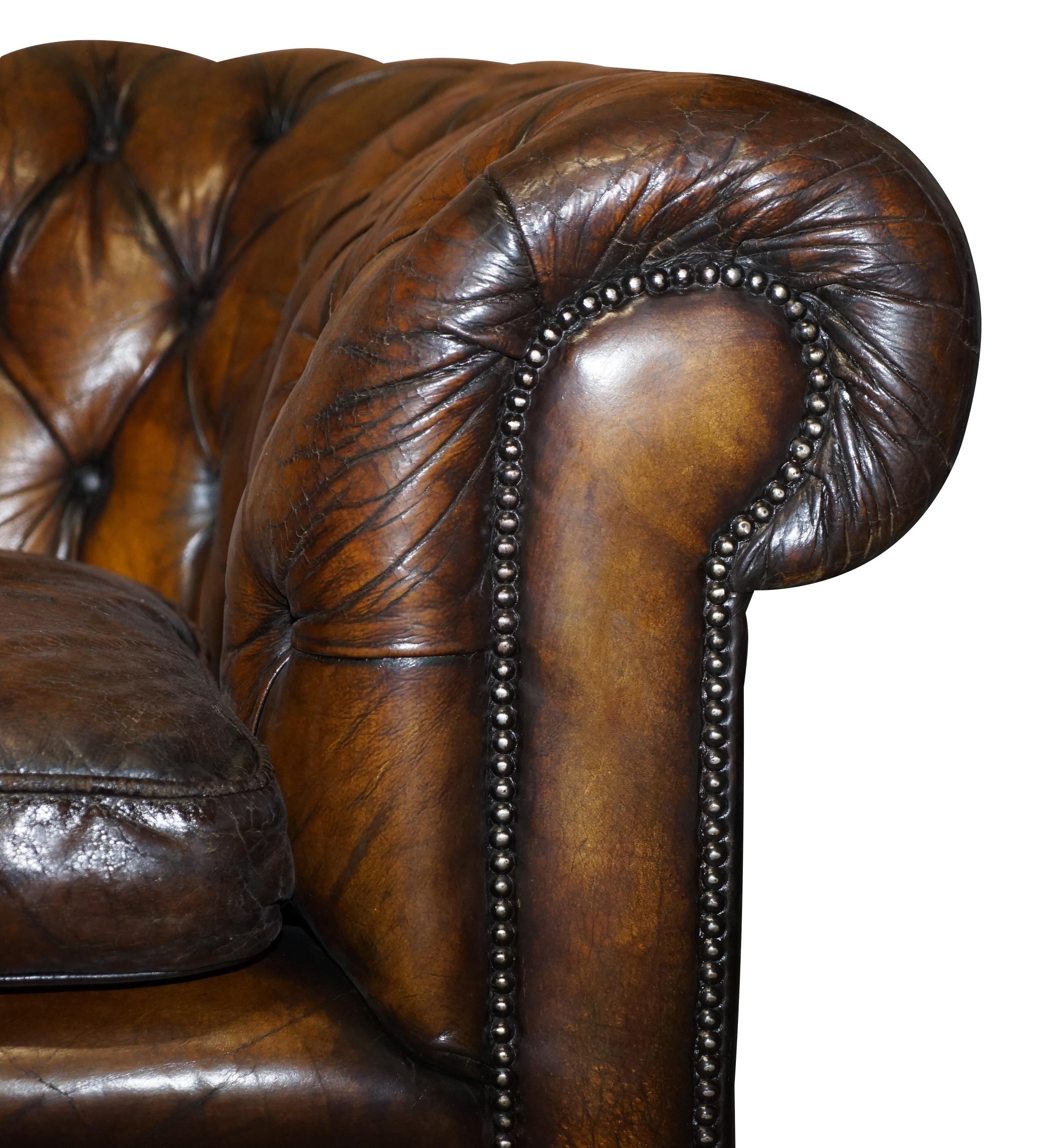 1950s Hand Dyed Restored Cigar Brown Leather Chesterfield Club Sofa English For Sale 3