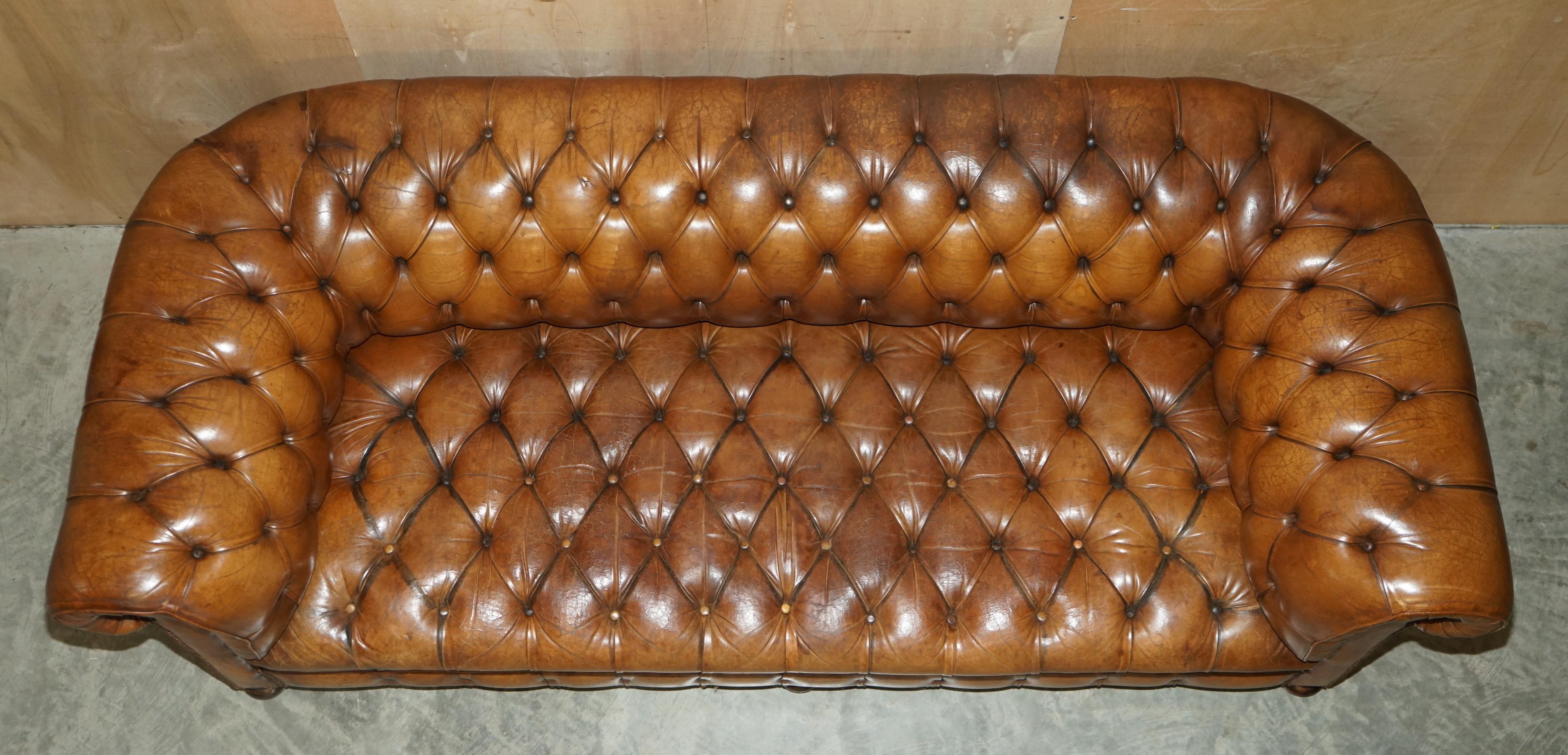 1950's Hand Dyed Restored Cigar Brown Leather Chesterfield Club Sofa English For Sale 4