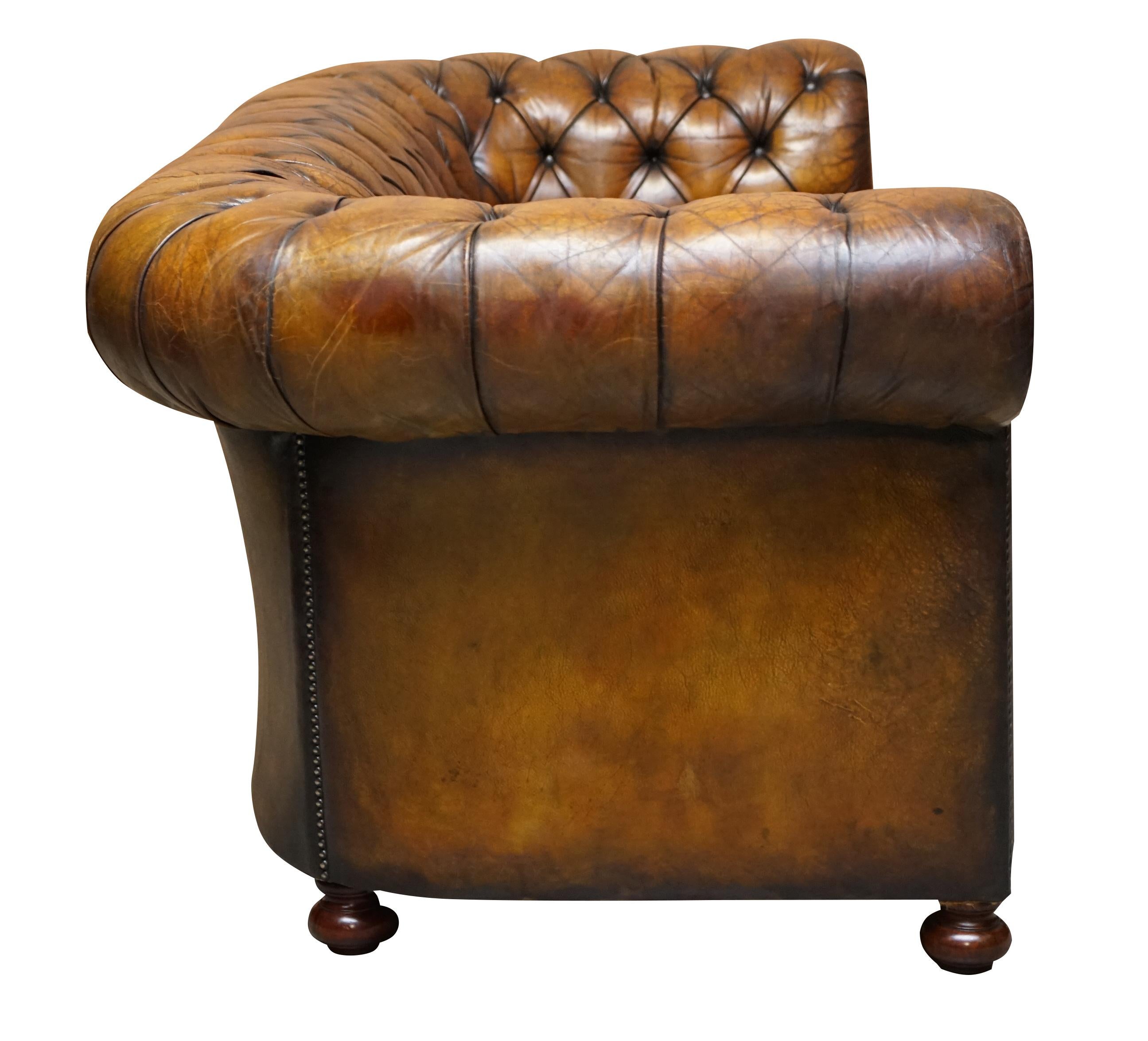 1950s Hand Dyed Restored Cigar Brown Leather Chesterfield Club Sofa English For Sale 5