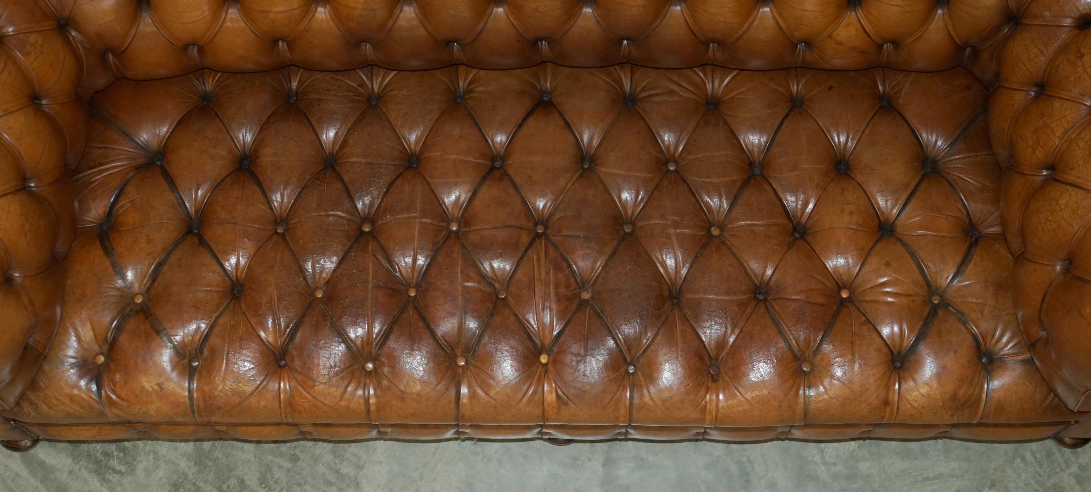 1950's Hand Dyed Restored Cigar Brown Leather Chesterfield Club Sofa English For Sale 5