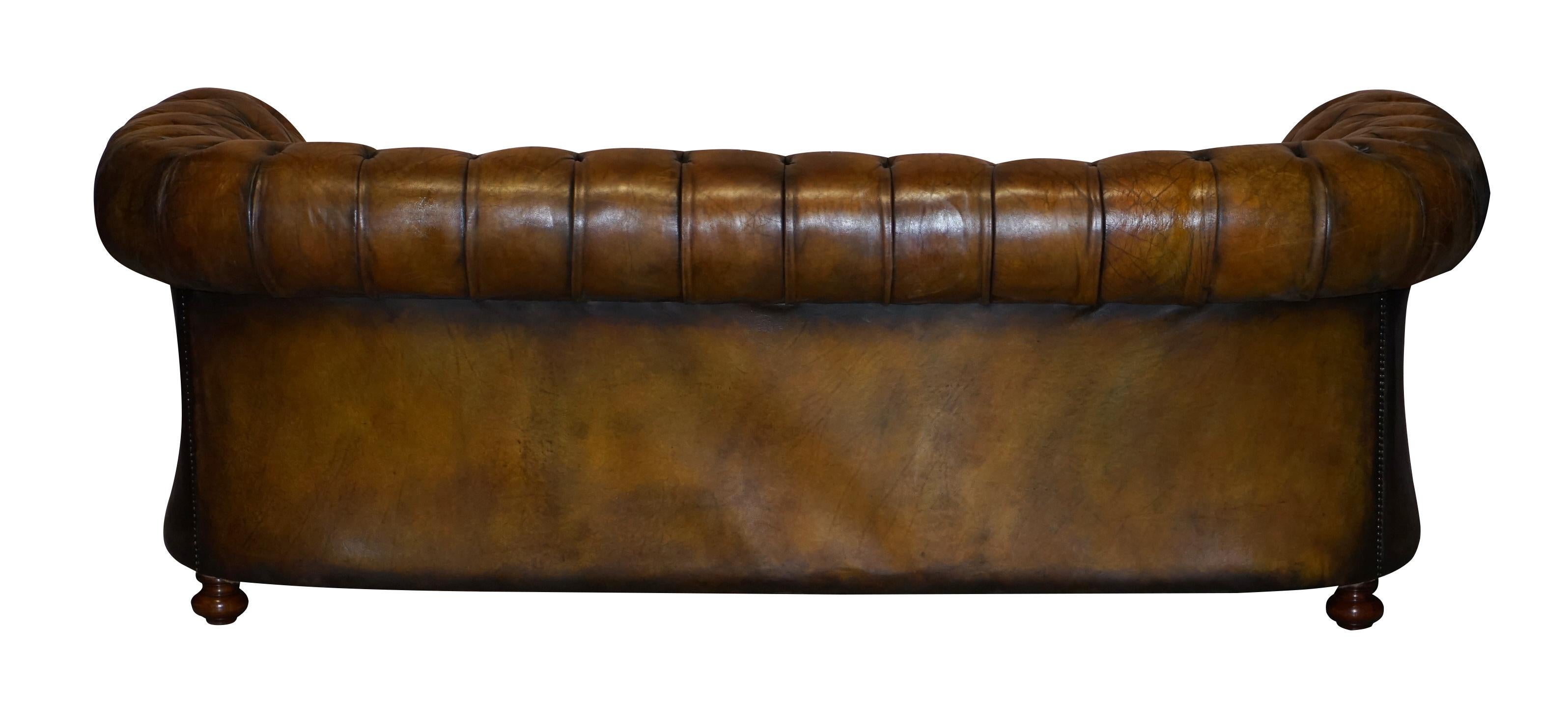 1950s Hand Dyed Restored Cigar Brown Leather Chesterfield Club Sofa English For Sale 6