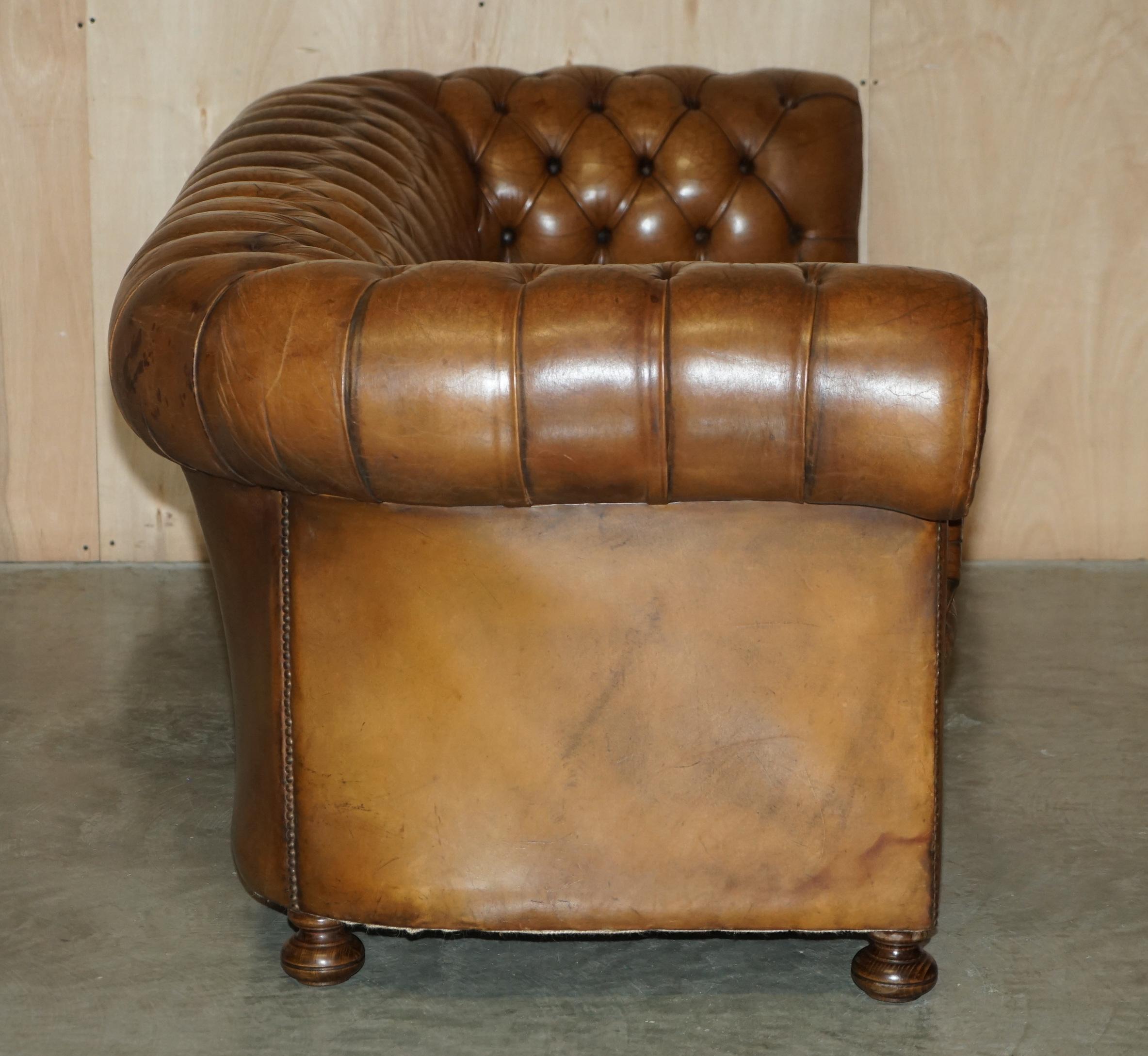 1950's Hand Dyed Restored Cigar Brown Leather Chesterfield Club Sofa English For Sale 6