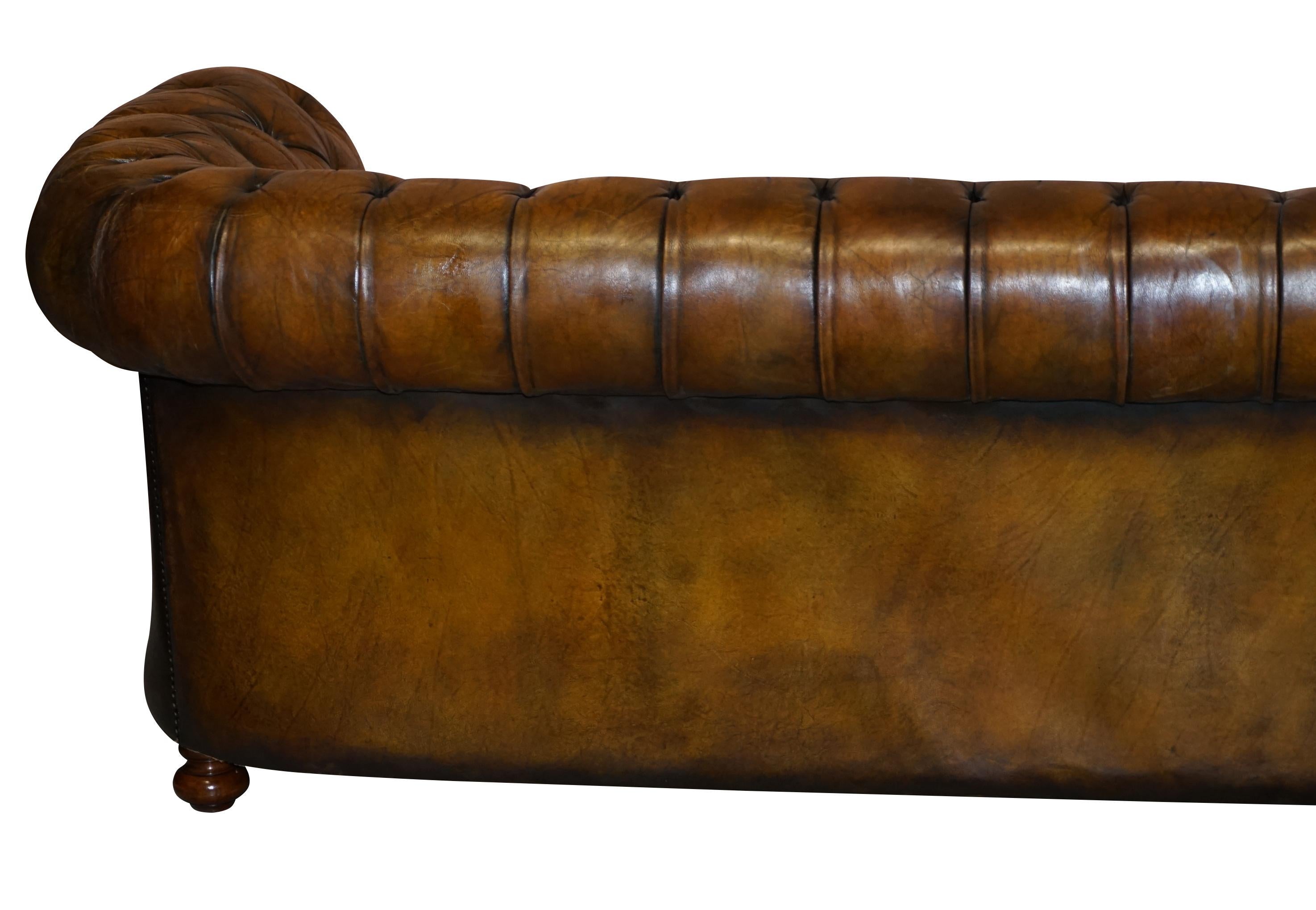 1950s Hand Dyed Restored Cigar Brown Leather Chesterfield Club Sofa English For Sale 7