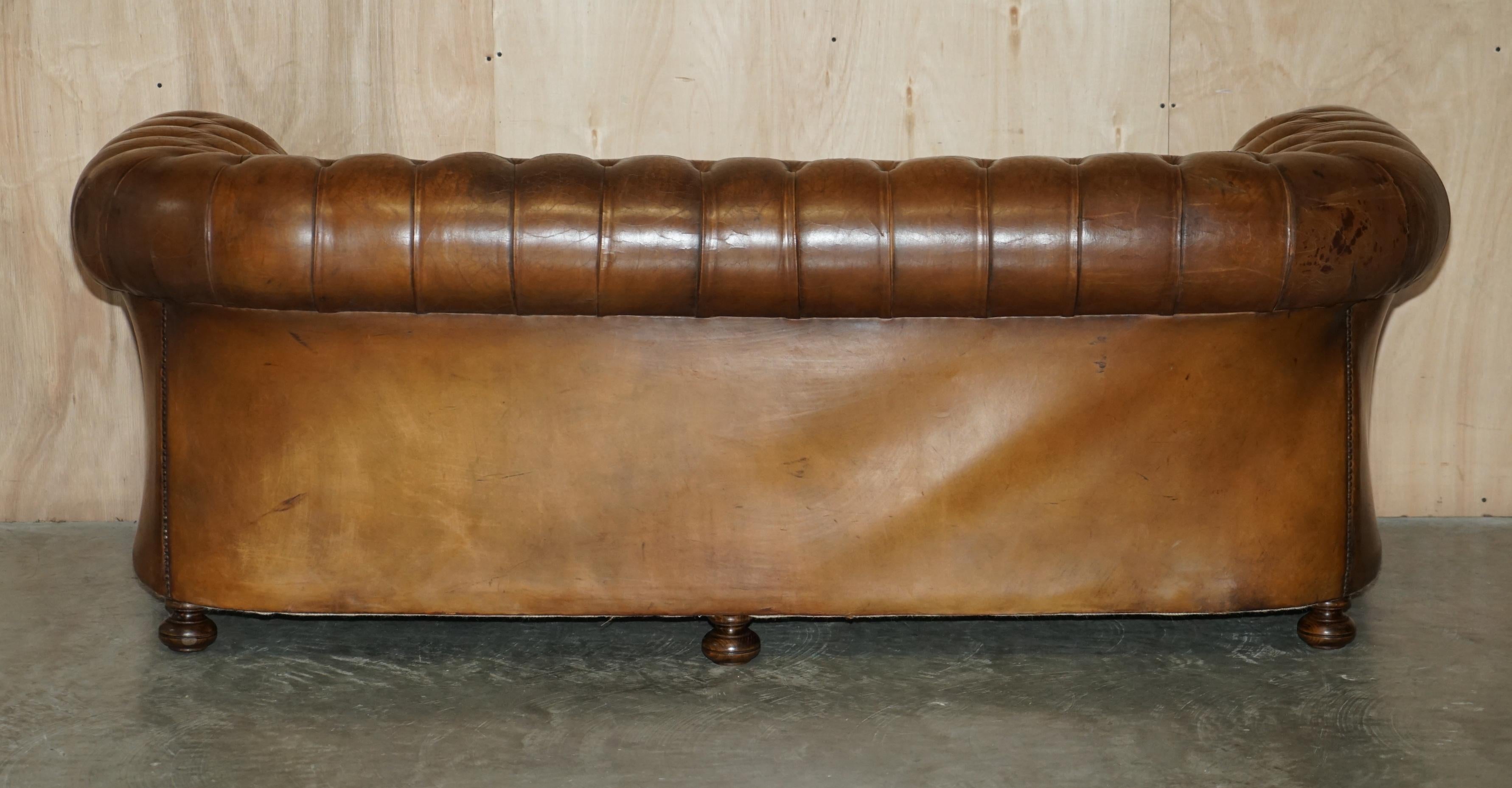 1950's Hand Dyed Restored Cigar Brown Leather Chesterfield Club Sofa English For Sale 7