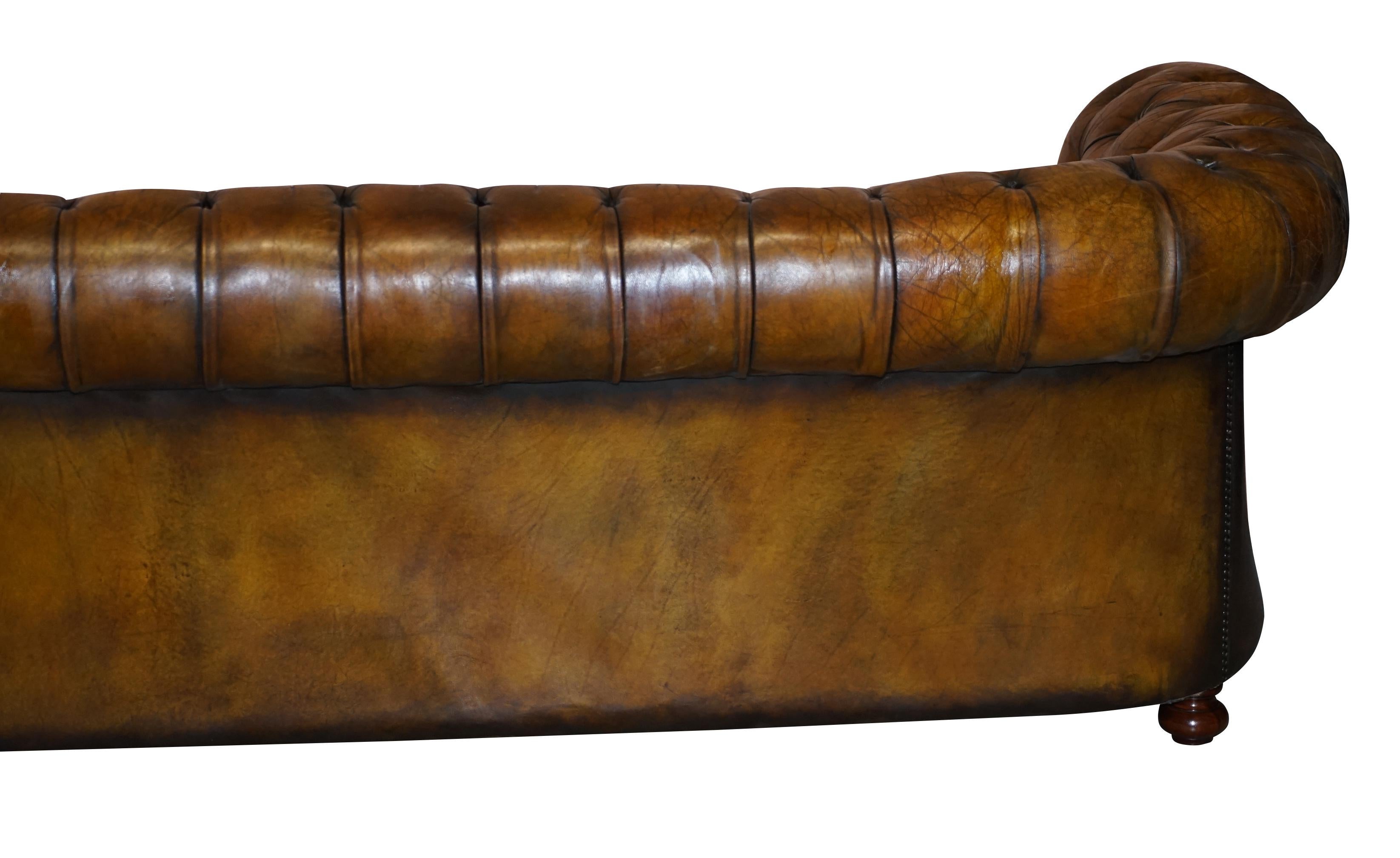 1950s Hand Dyed Restored Cigar Brown Leather Chesterfield Club Sofa English For Sale 8