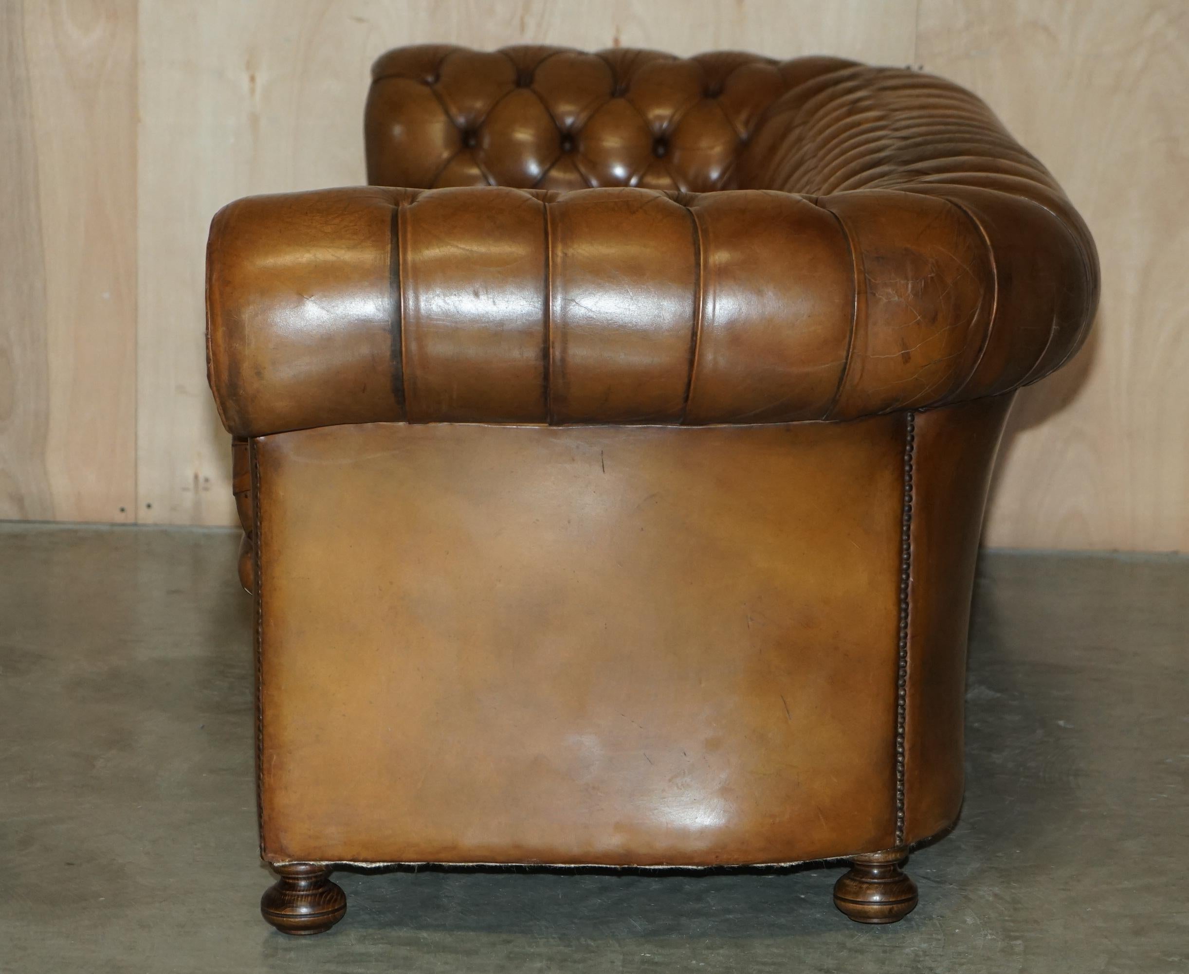 1950's Hand Dyed Restored Cigar Brown Leather Chesterfield Club Sofa English For Sale 8