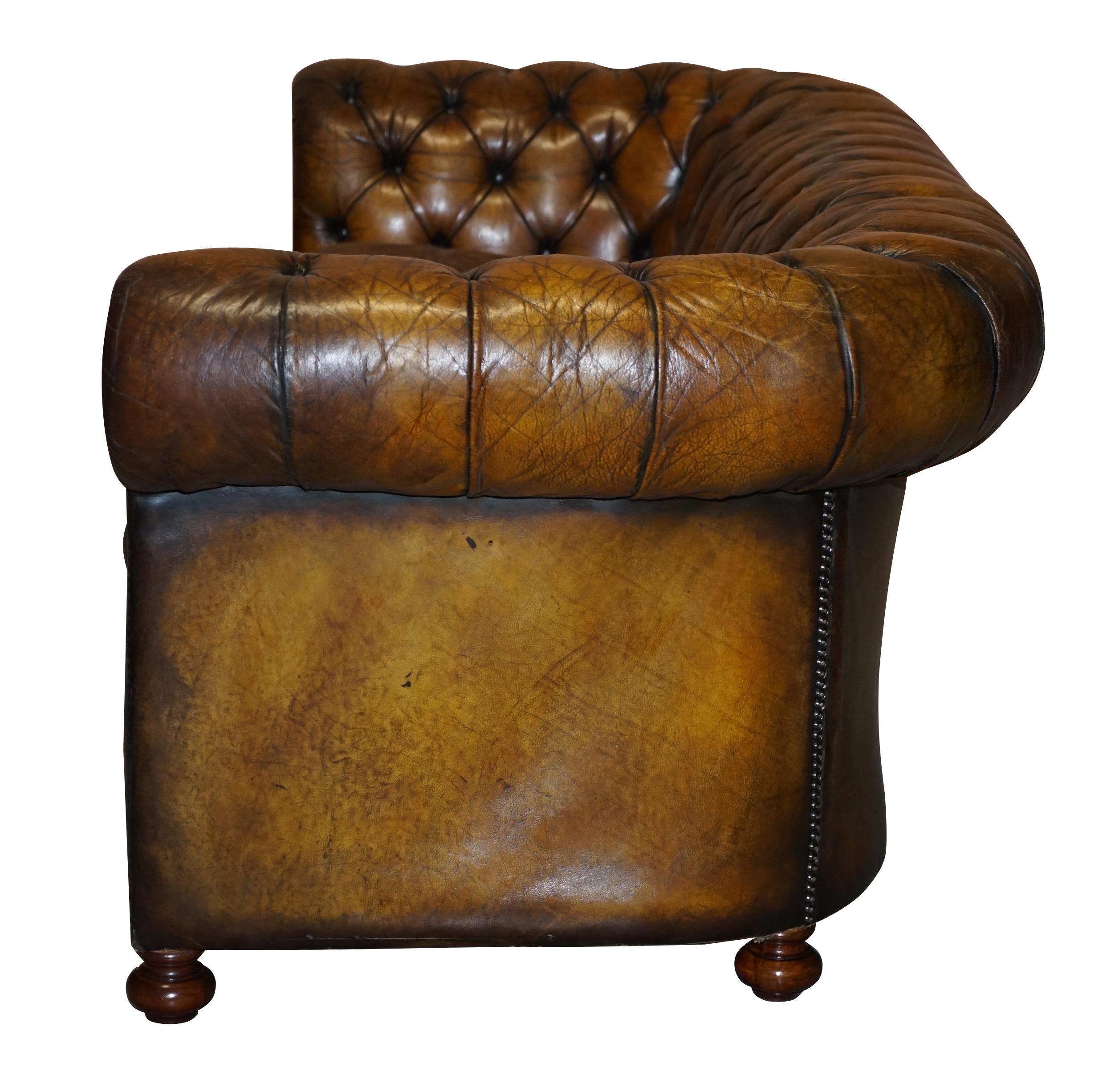 1950s Hand Dyed Restored Cigar Brown Leather Chesterfield Club Sofa English For Sale 9