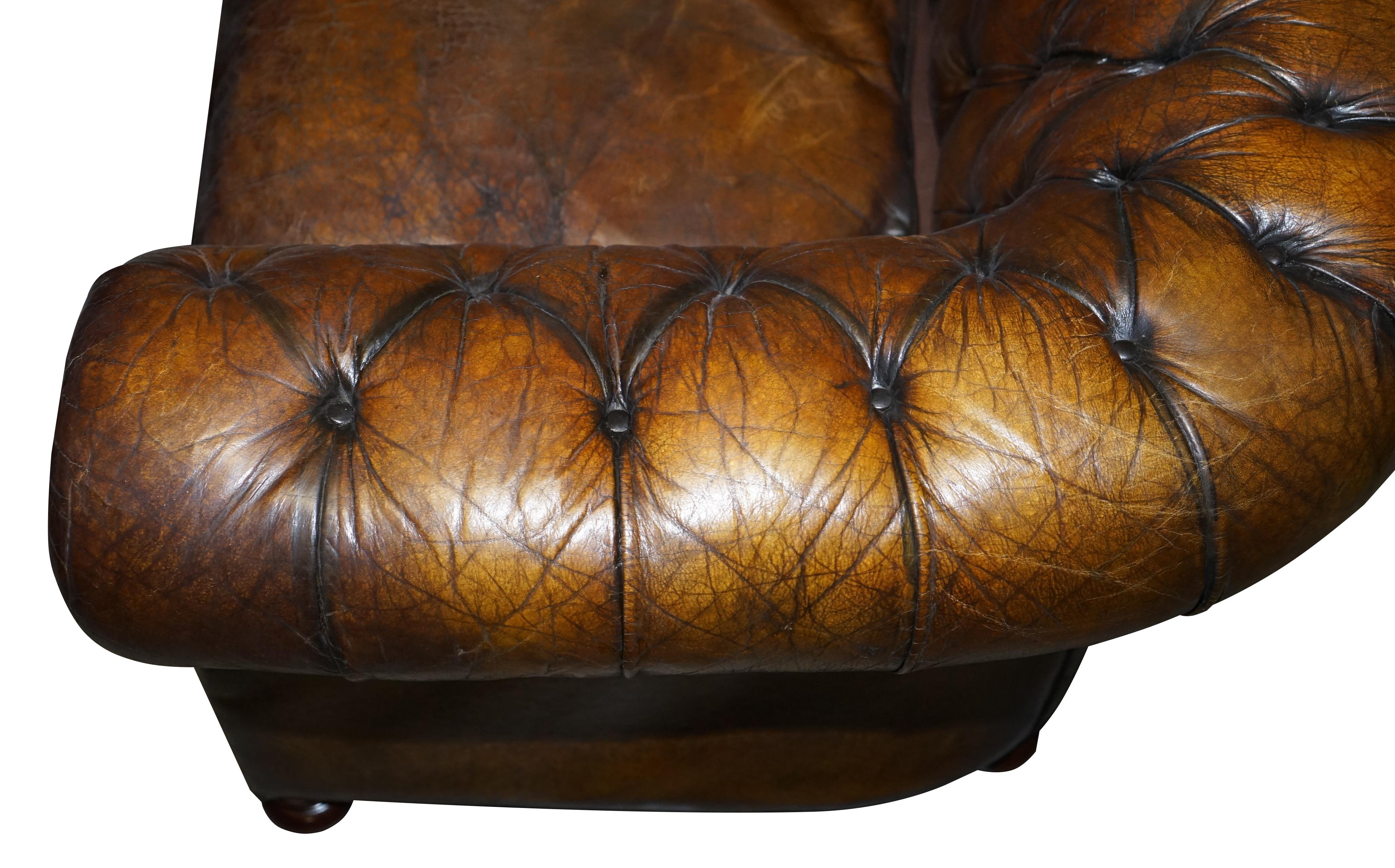 1950s Hand Dyed Restored Cigar Brown Leather Chesterfield Club Sofa English For Sale 11