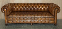 1950's Hand Dyed Restored Cigar Brown Leather Chesterfield Club Sofa English
