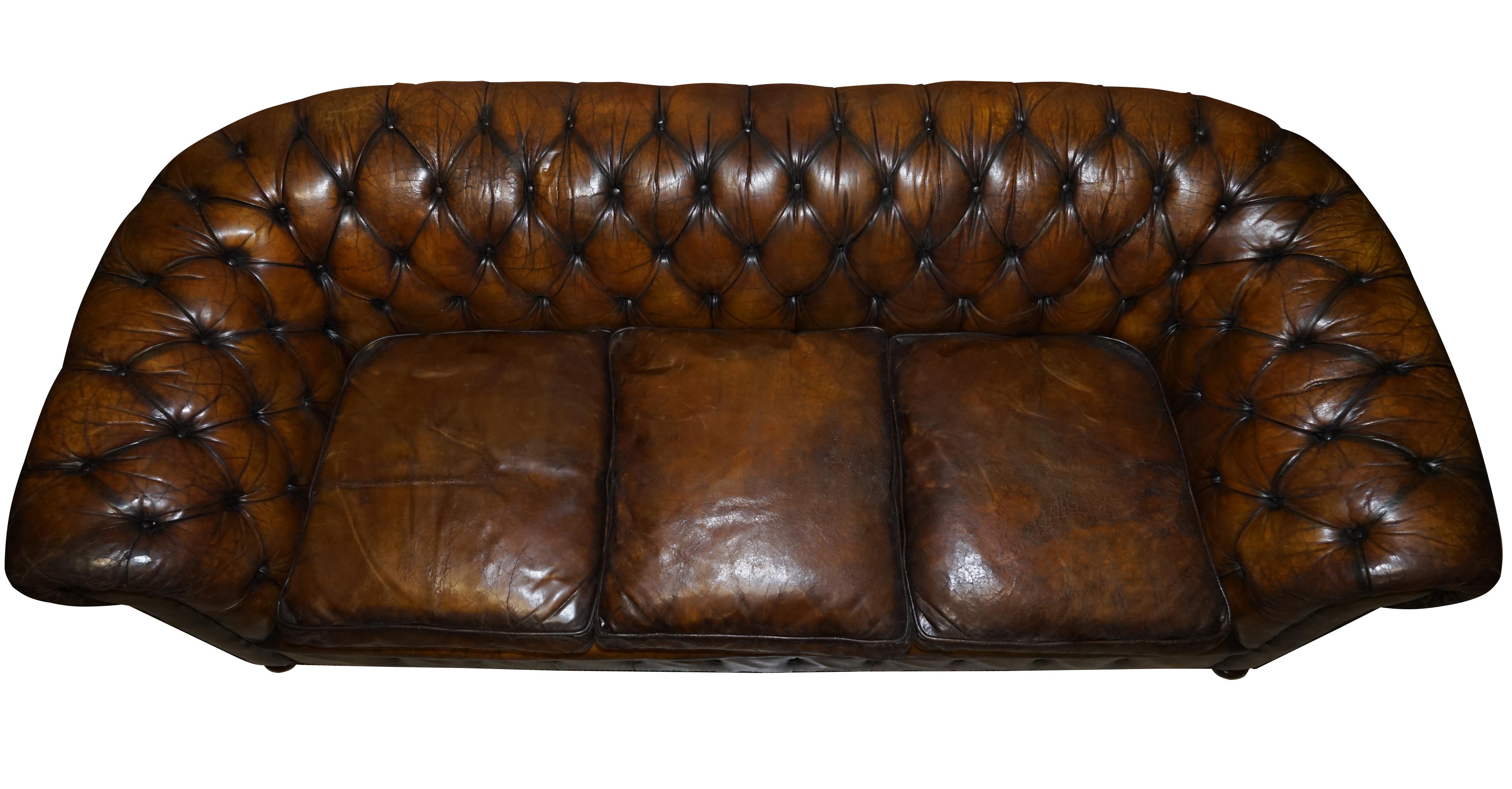 Mid-Century Modern 1950s Hand Dyed Restored Cigar Brown Leather Chesterfield Club Sofa English For Sale