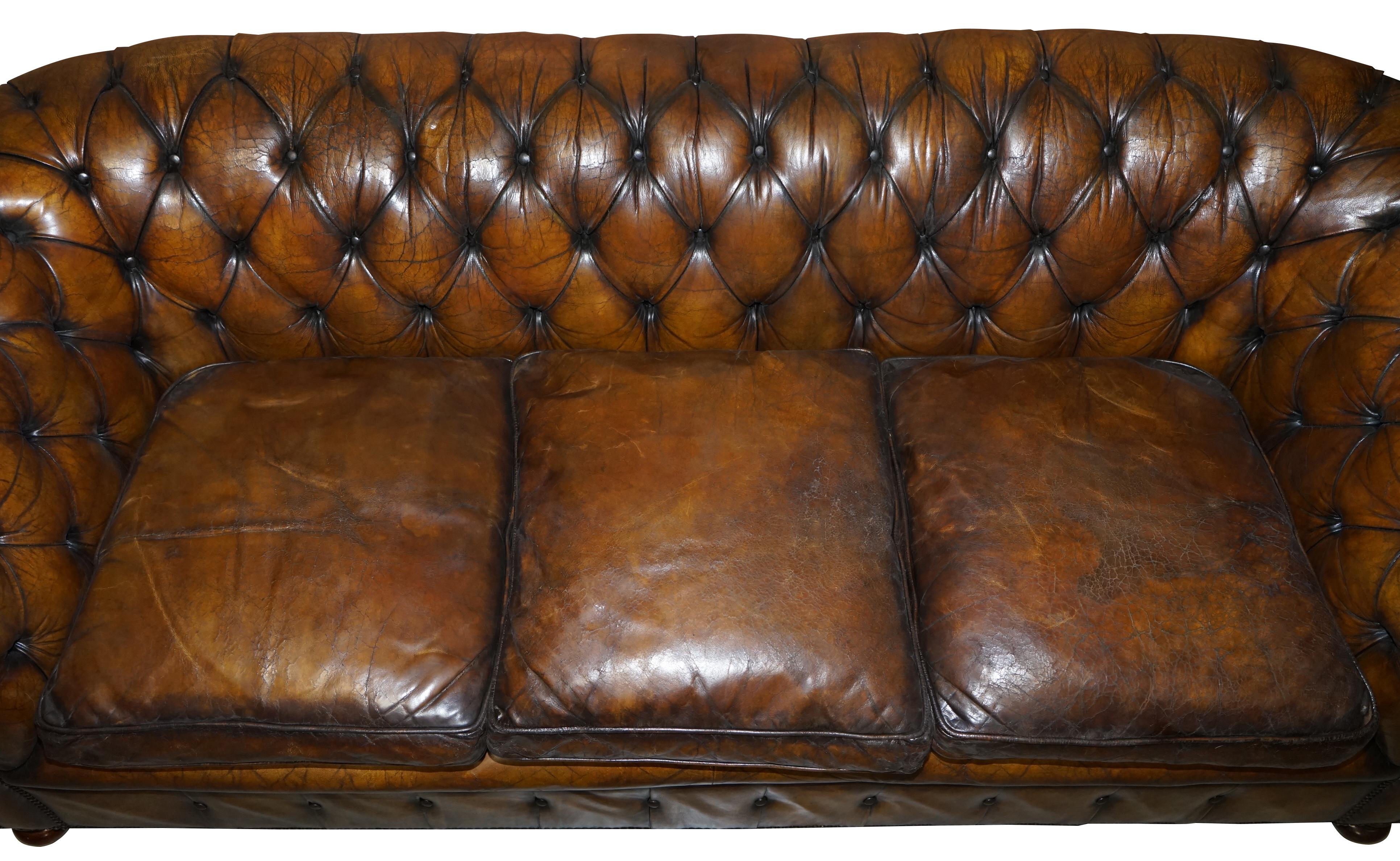 Mid-20th Century 1950s Hand Dyed Restored Cigar Brown Leather Chesterfield Club Sofa English For Sale