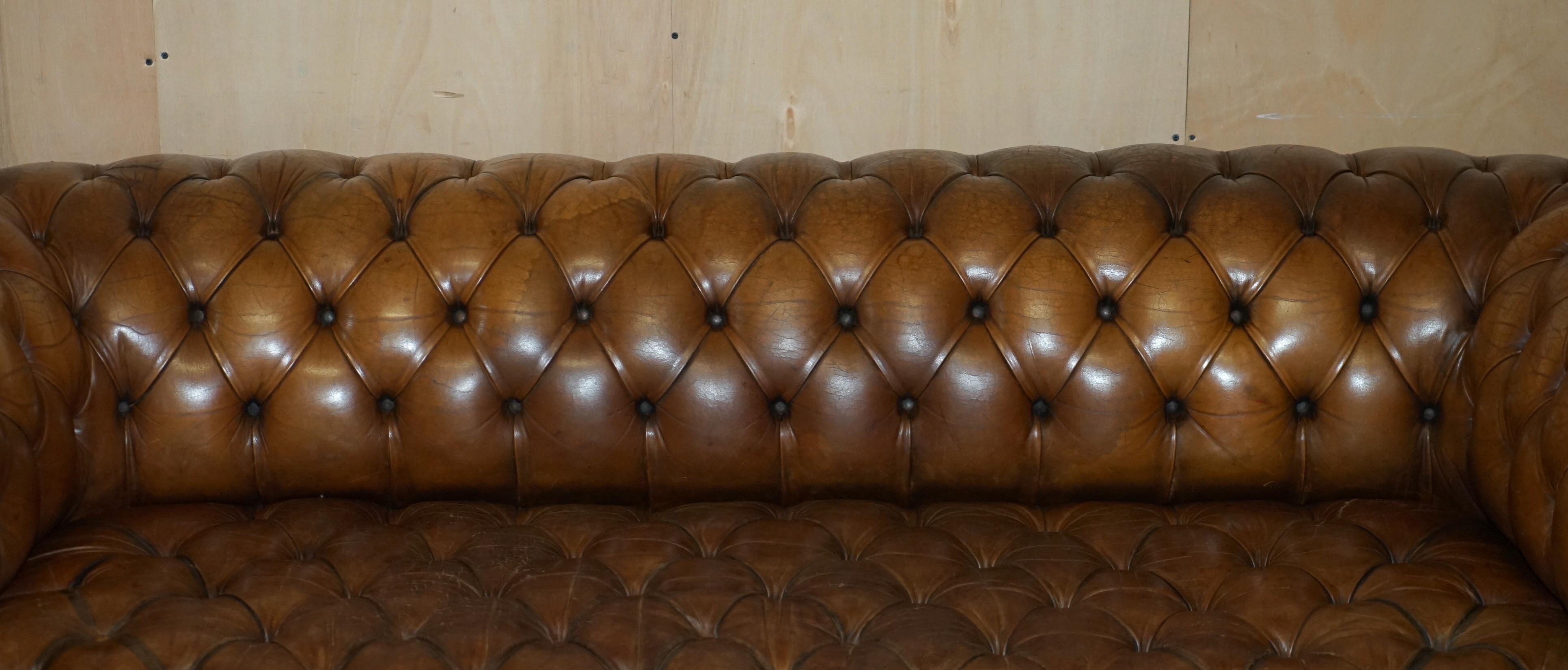 Mid-20th Century 1950's Hand Dyed Restored Cigar Brown Leather Chesterfield Club Sofa English For Sale