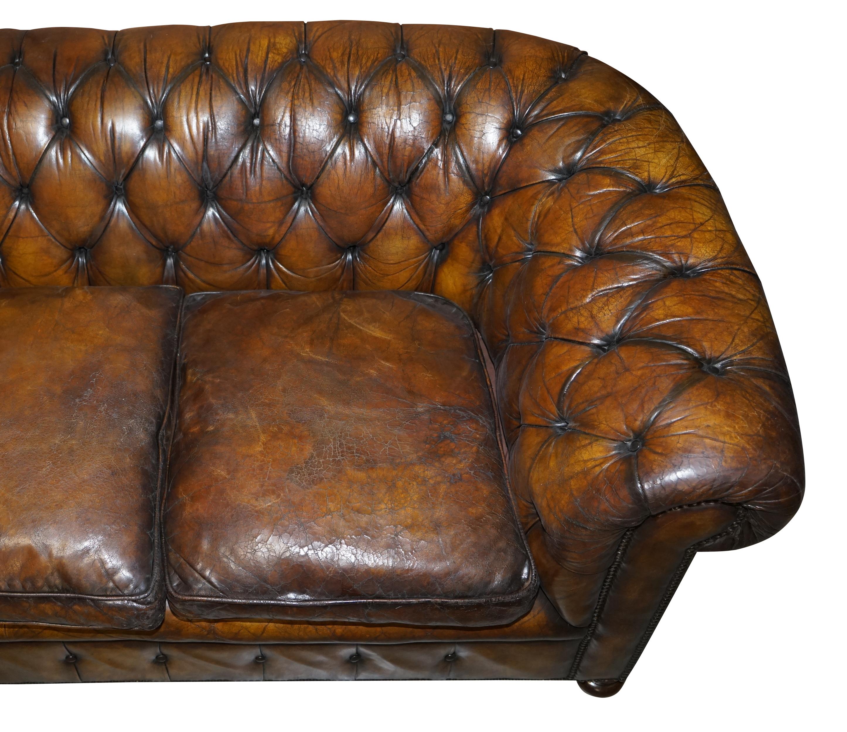 1950s Hand Dyed Restored Cigar Brown Leather Chesterfield Club Sofa English For Sale 1