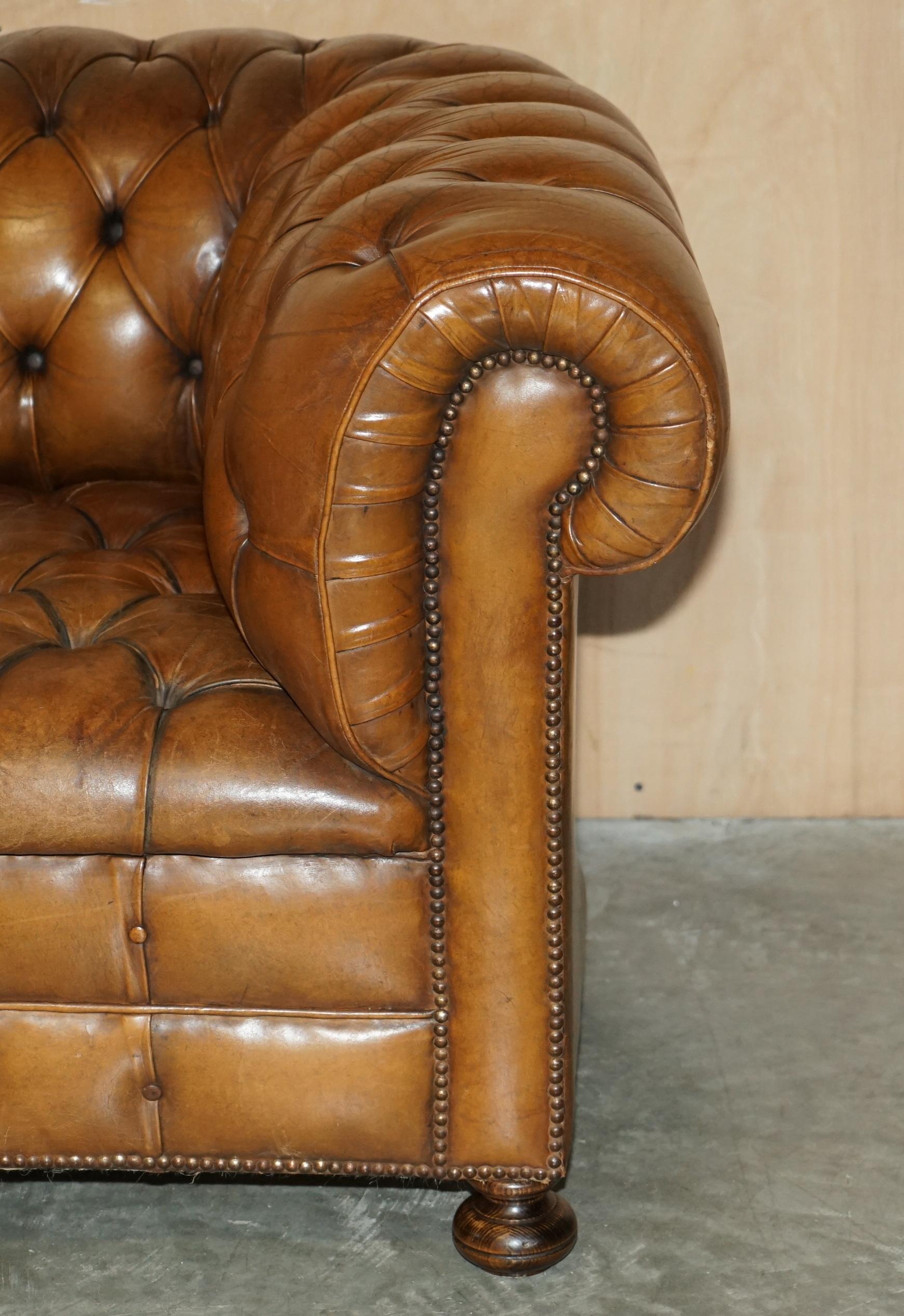 1950's Hand Dyed Restored Cigar Brown Leather Chesterfield Club Sofa English For Sale 1