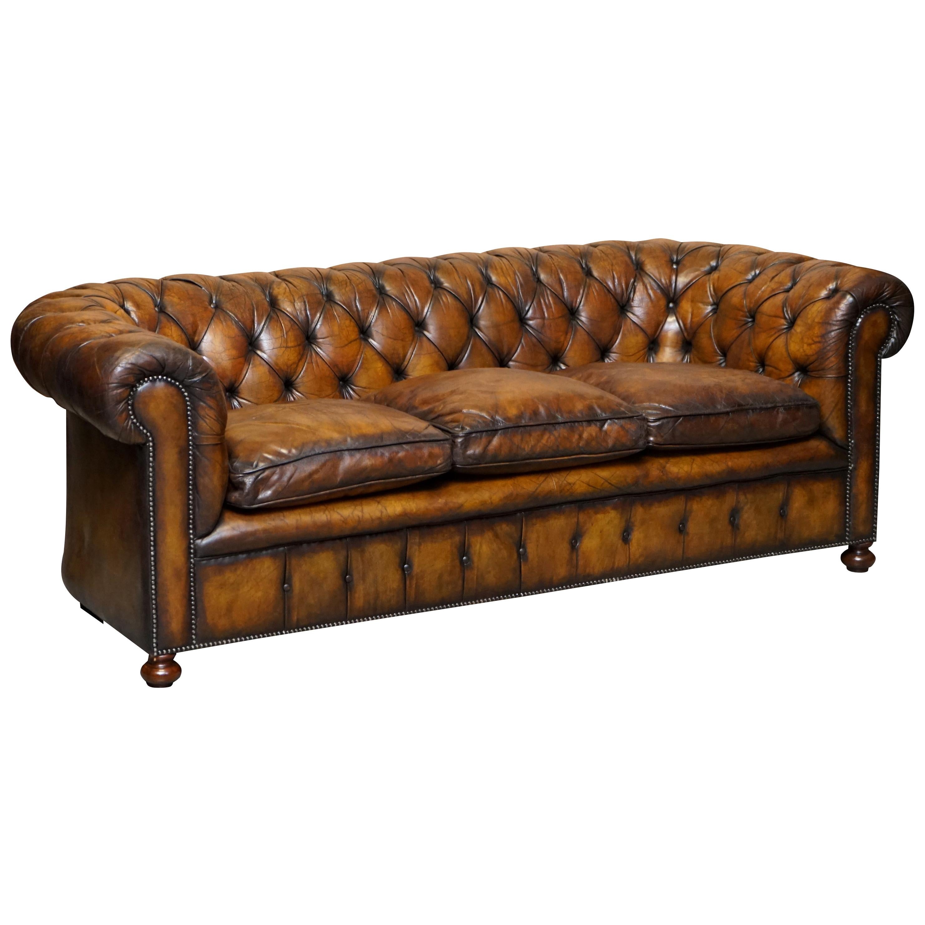 1950s Hand Dyed Restored Cigar Brown Leather Chesterfield Club Sofa English