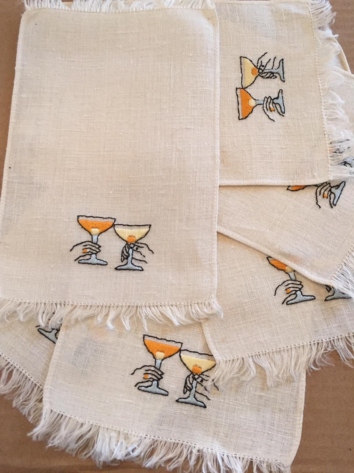 A set of six linen napkins with fringed top and bottom edges are hand embroidered with a male and female hand holding a champagne cocktail and making a toast. Cheers!
Measurements;
Height 7.5