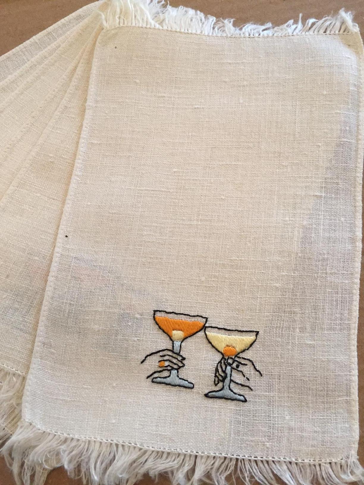 Beige 1950's Hand Embroidered Linen Cocktail Napkins  Couple Making A Toast