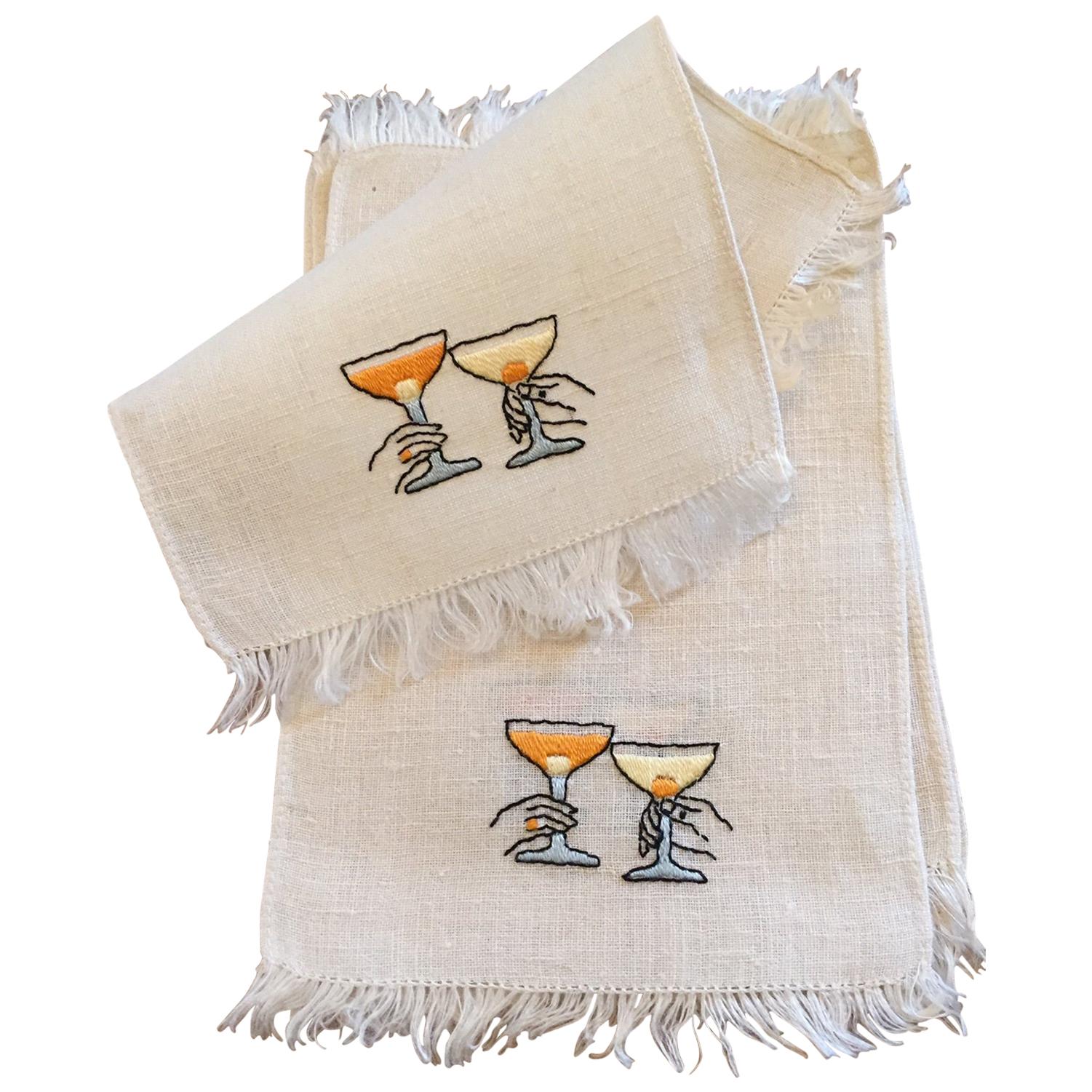 1950's Hand Embroidered Linen Cocktail Napkins  Couple Making A Toast