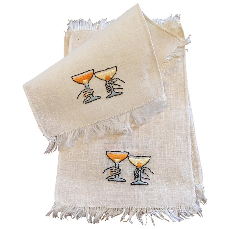 1950's Hand Embroidered Linen Cocktail Napkins Couple Making A Toast at