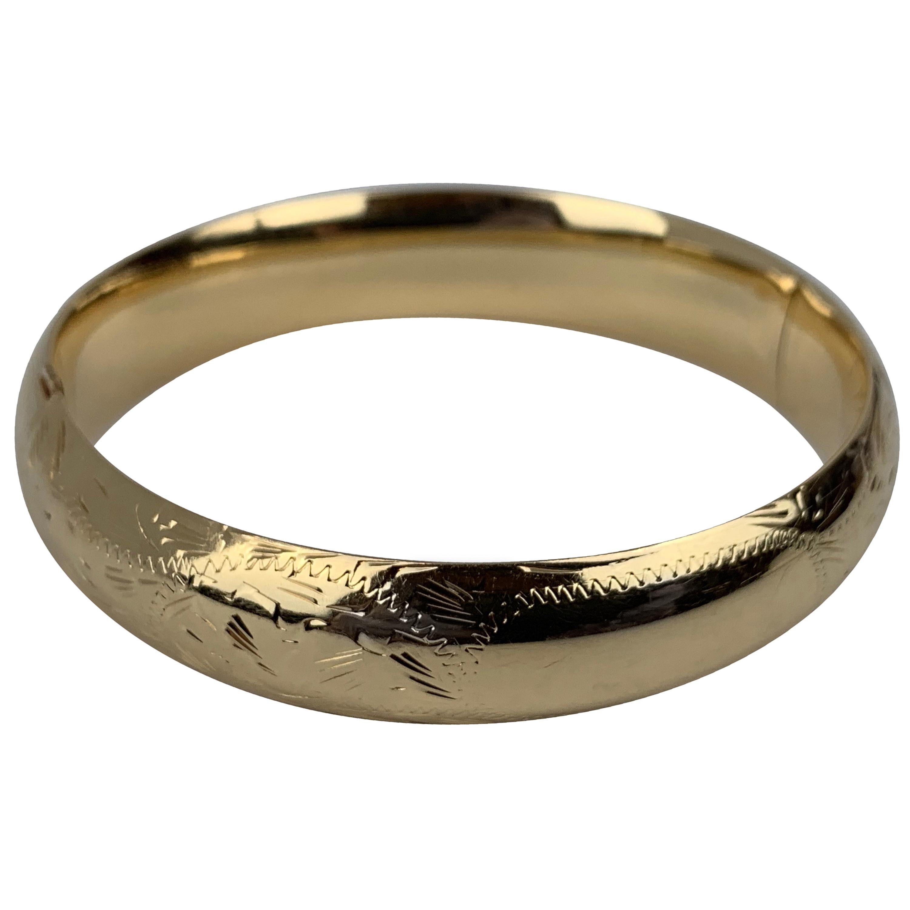  14 Karat Yellow Gold Hand Engraved Bangle Bracelet-1950s