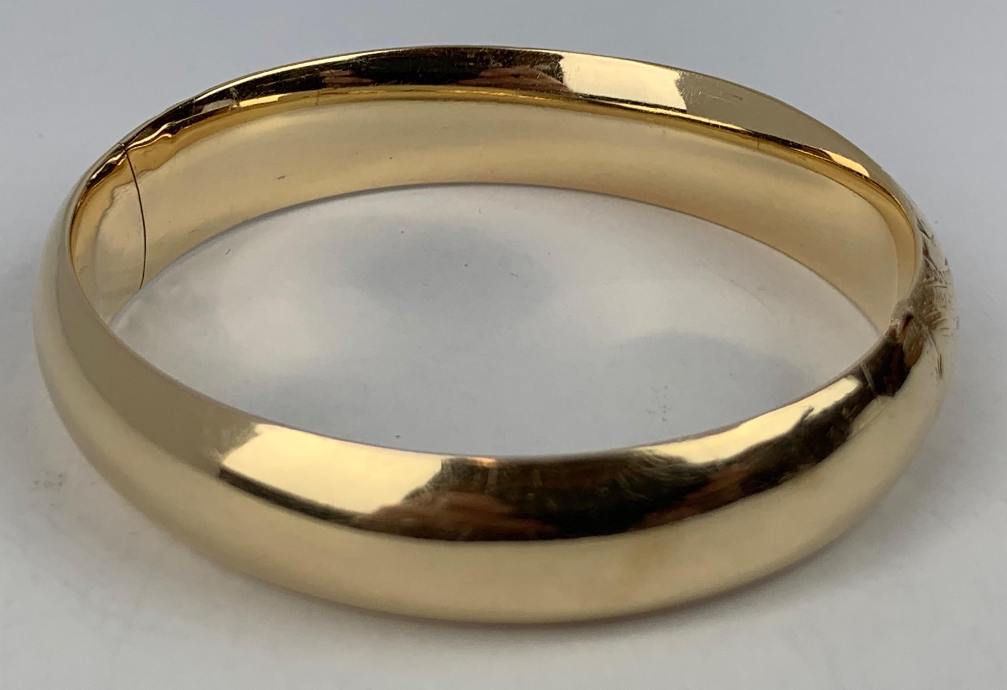 Contemporary 14 Karat Yellow Gold Hand Engraved Bangle Bracelet-1950s