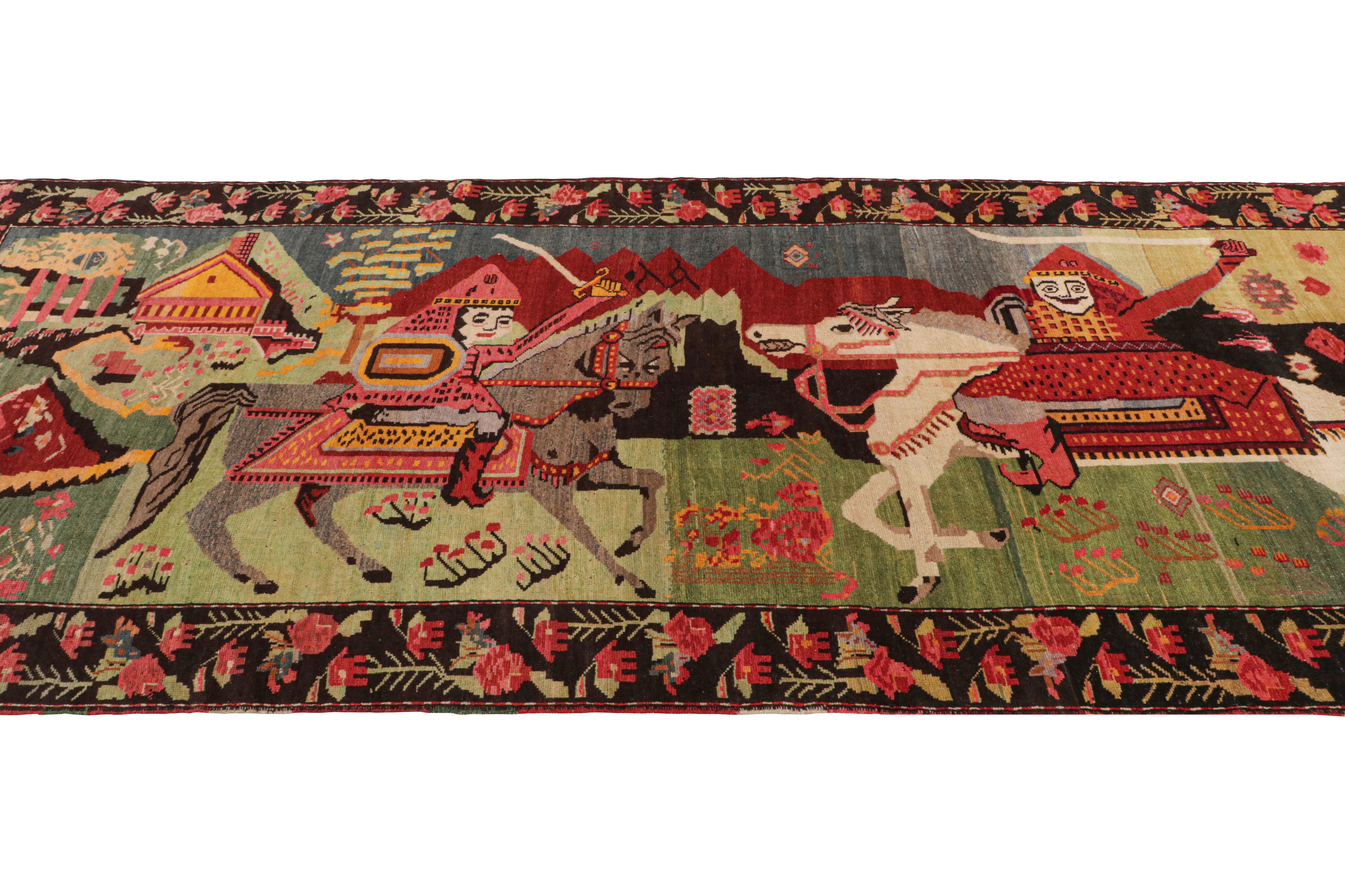 Hand-Knotted 1950s Hand Knotted Midcentury Pictorial Rug Vintage Horsemen by Rug & Kilim For Sale