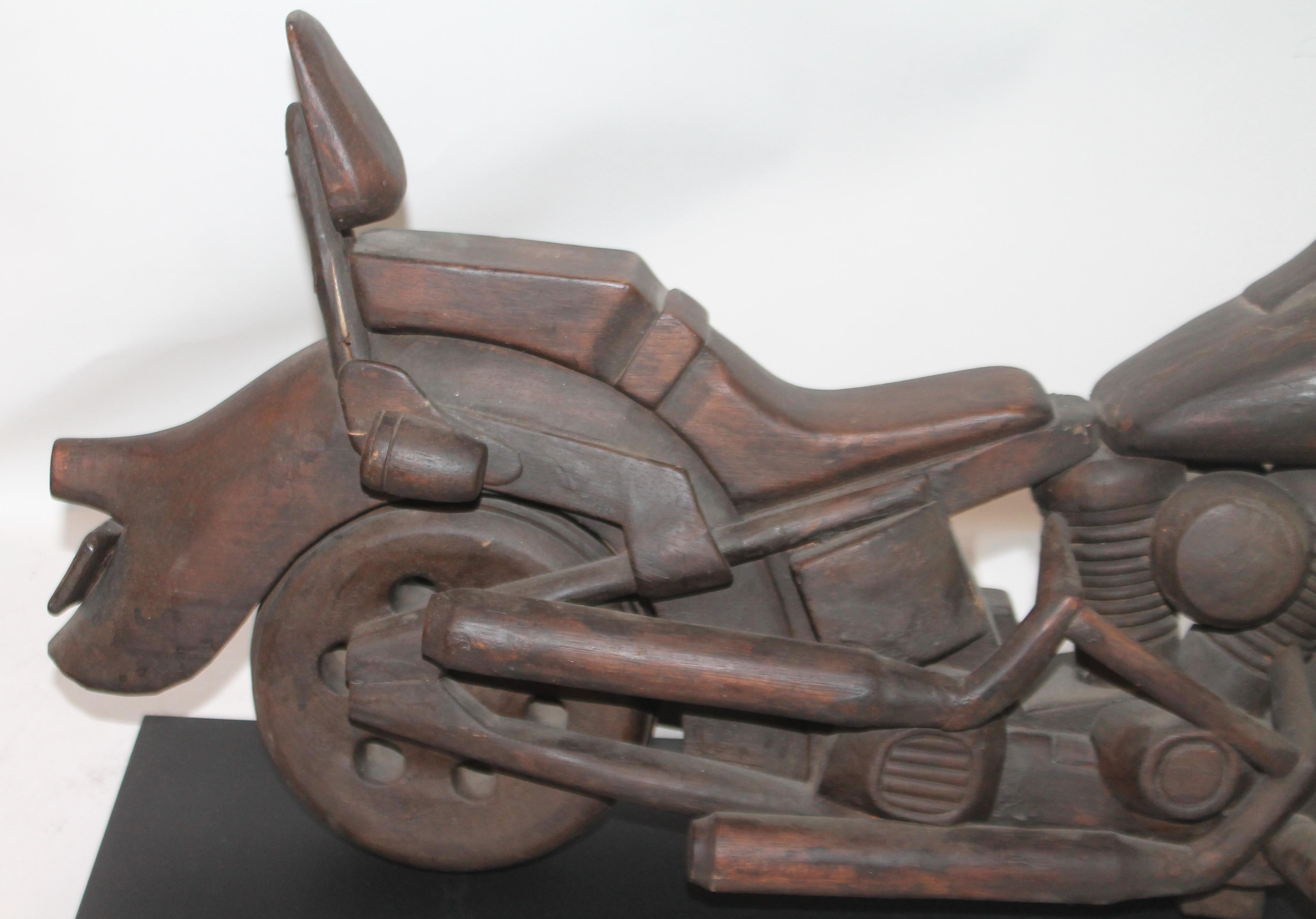 1960s Handmade Model of a Carved Motor Cycle on Iron Mount In Good Condition For Sale In Los Angeles, CA