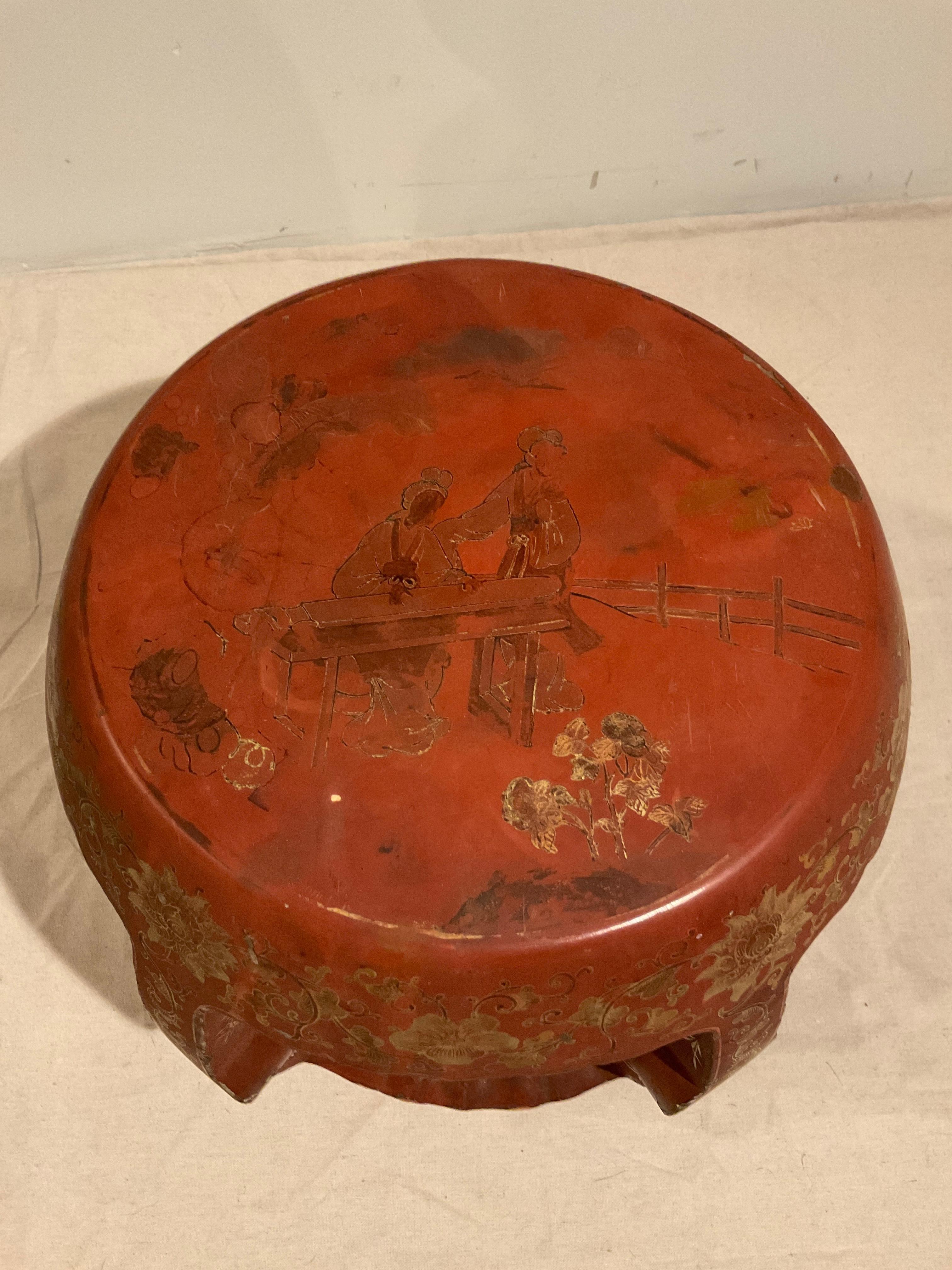 Hand painted chinoiserie garden stool / side table. Some chips in finish.