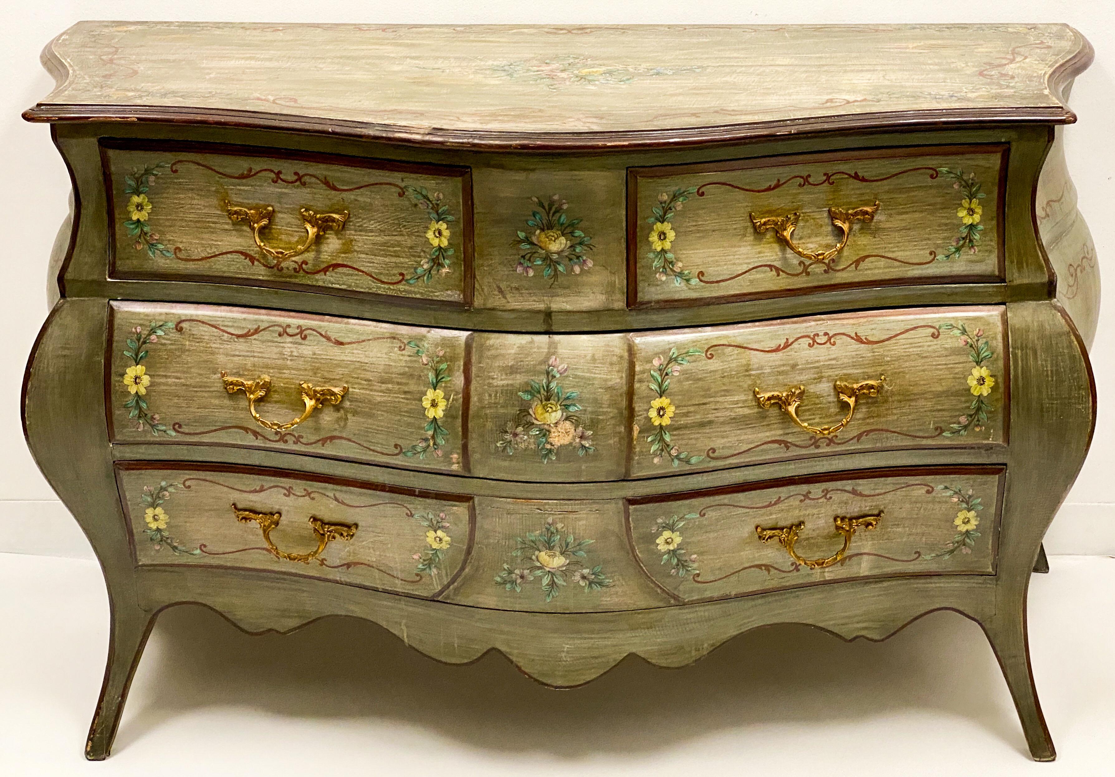 French Provincial 1950s Hand Painted French Bombe Chest or Commode For Sale