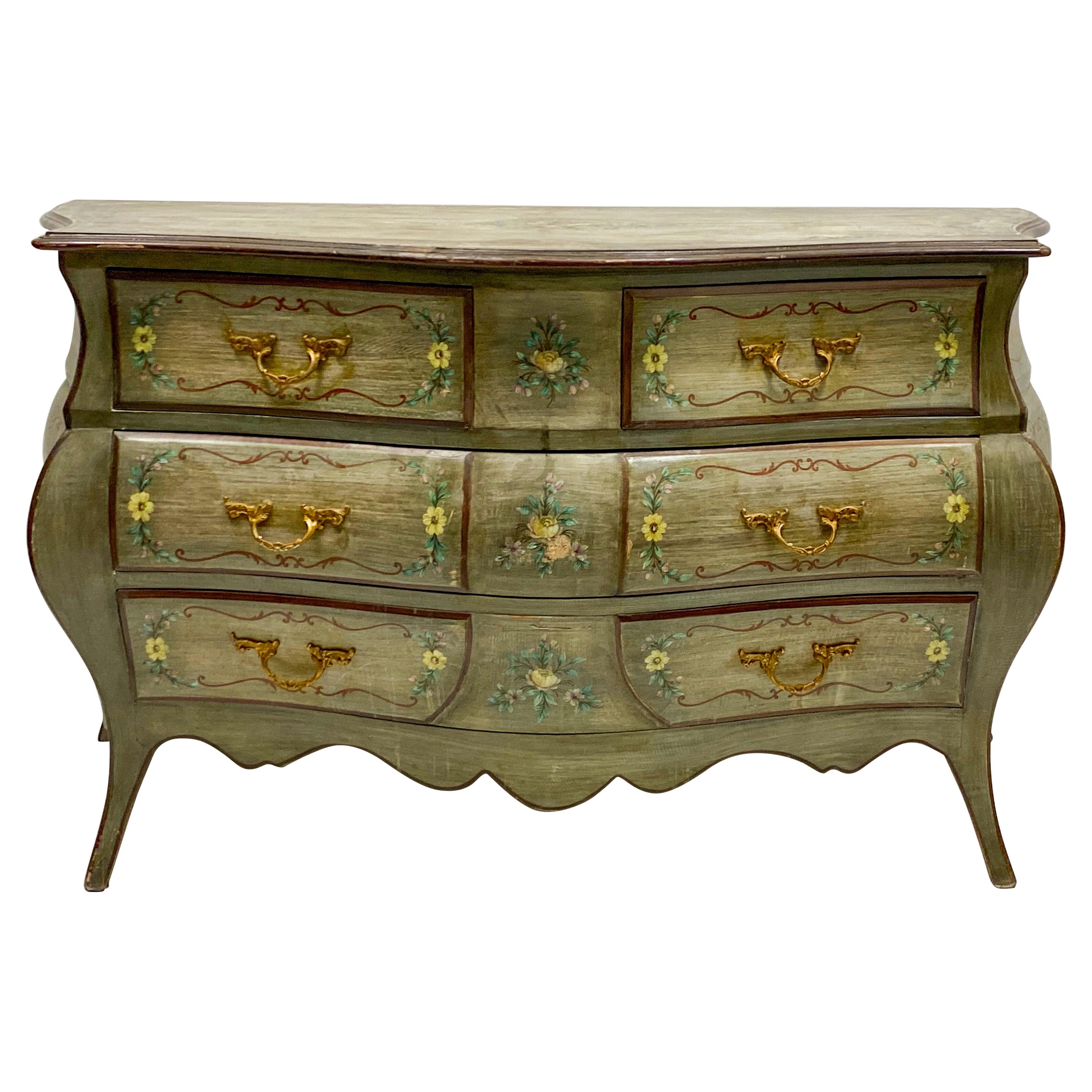 1950s Hand Painted French Bombe Chest or Commode For Sale